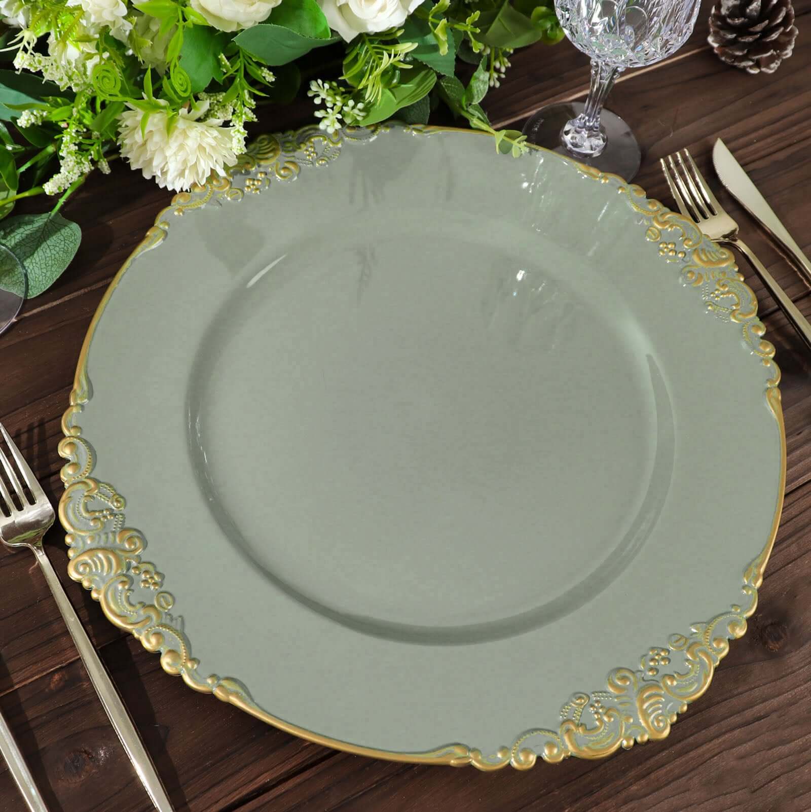 6 Pack 13" Dusty Sage Green Gold Embossed Baroque Round Charger Plates With Antique Design Rim Pro Linens