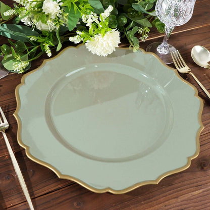 6 Pack 13" Dusty Sage Green Gold Scalloped Rim Acrylic Charger Plates, Round Plastic Charger Plates Pro Linens