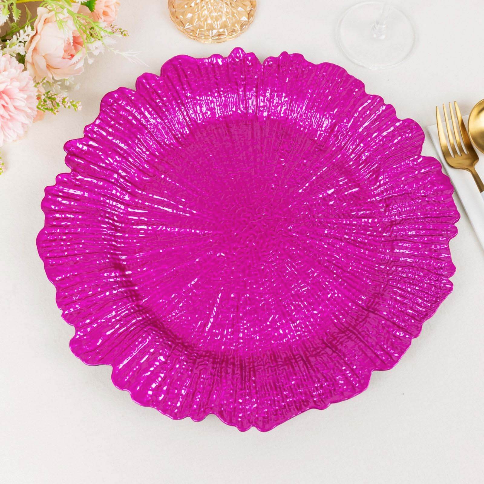 6 Pack 13" Fuchsia Round Reef Acrylic Plastic Charger Plates, Dinner Charger Plates Pro Linens