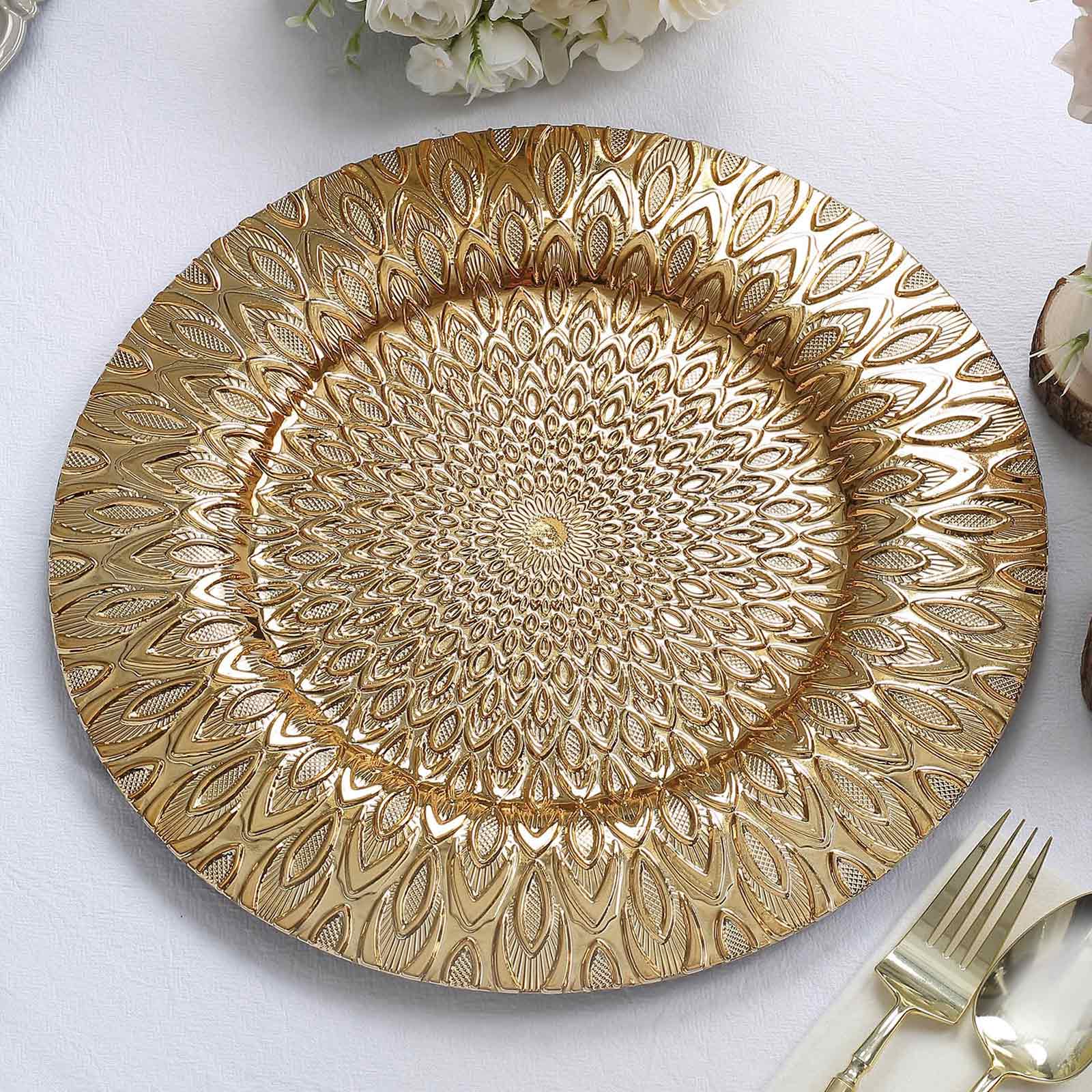 6 Pack 13" Gold Embossed Peacock Design Disposable Charger Plates, Round Plastic Serving Plates Pro Linens