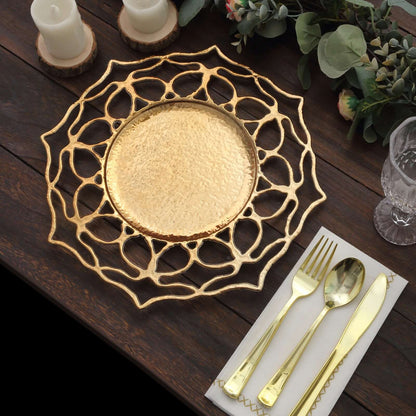 6 Pack 13" Gold Hollow Flower Acrylic Charger Plates, Floral Cutout Decorative Plastic Serving Plates Pro Linens