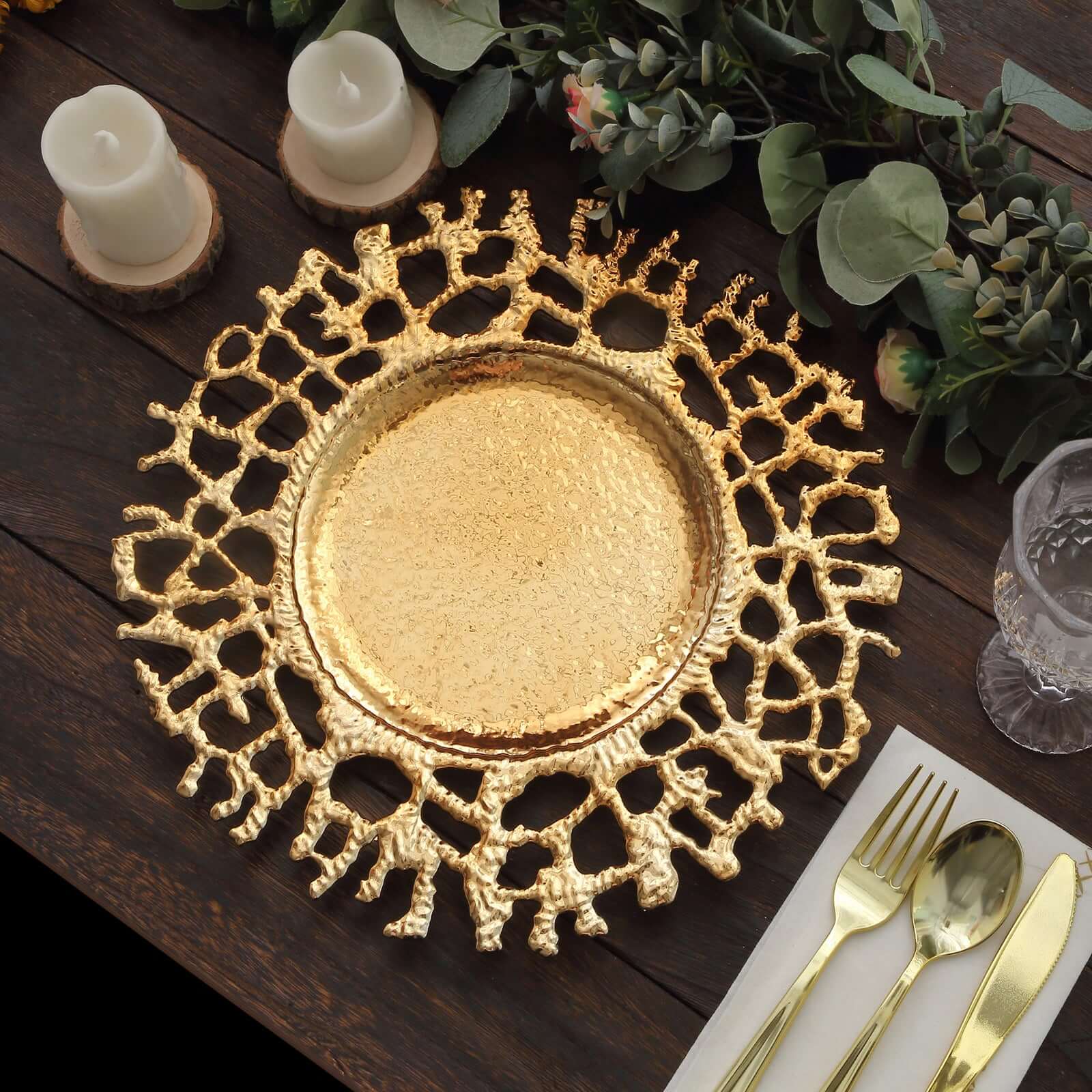 6 Pack 13" Gold Molten Branch Acrylic Charger Plates, Decorative Plastic Hollow Lace Serving Plates Pro Linens