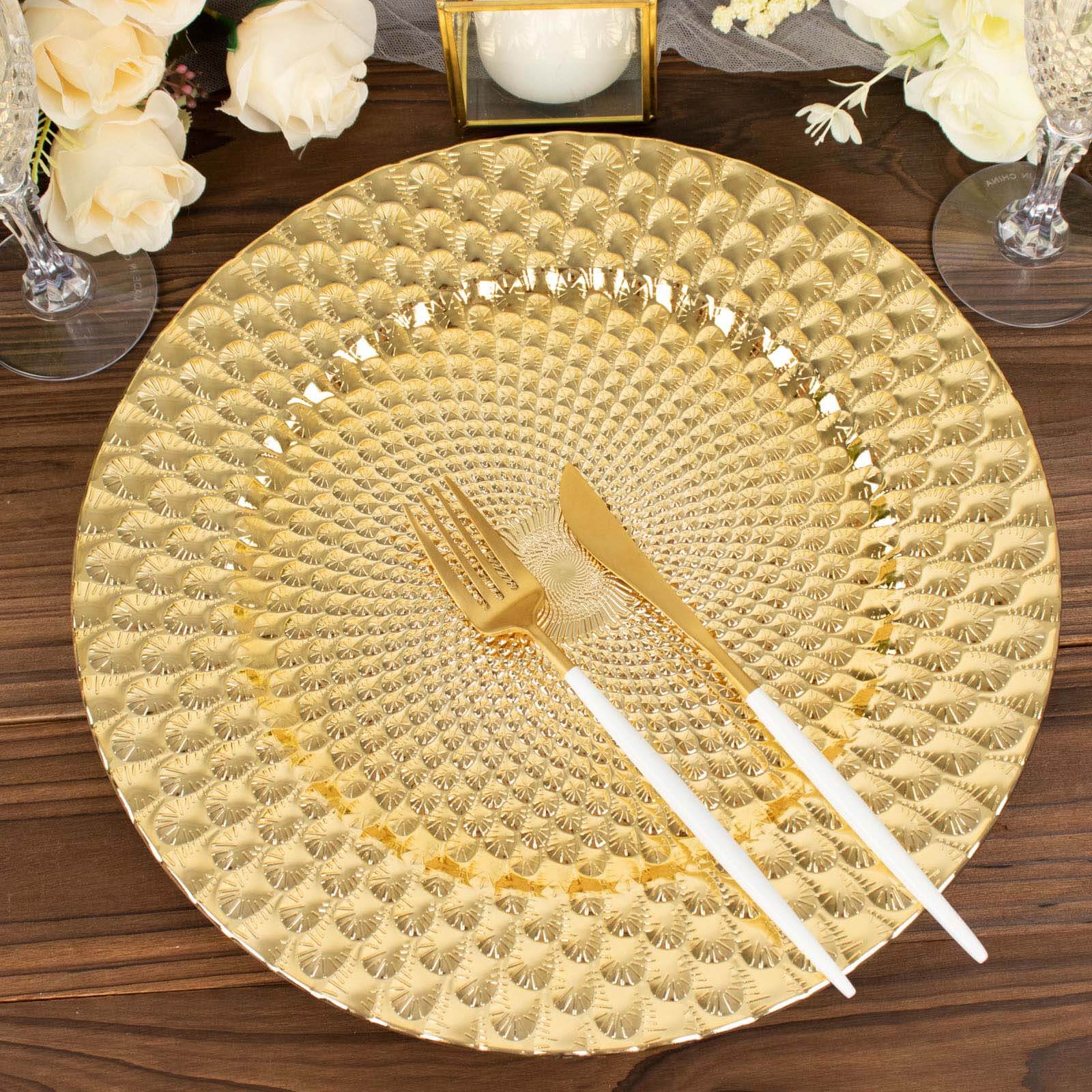 6 Pack 13" Gold Peacock Pattern Plastic Charger Plates, Round Disposable Serving Trays Pro Linens