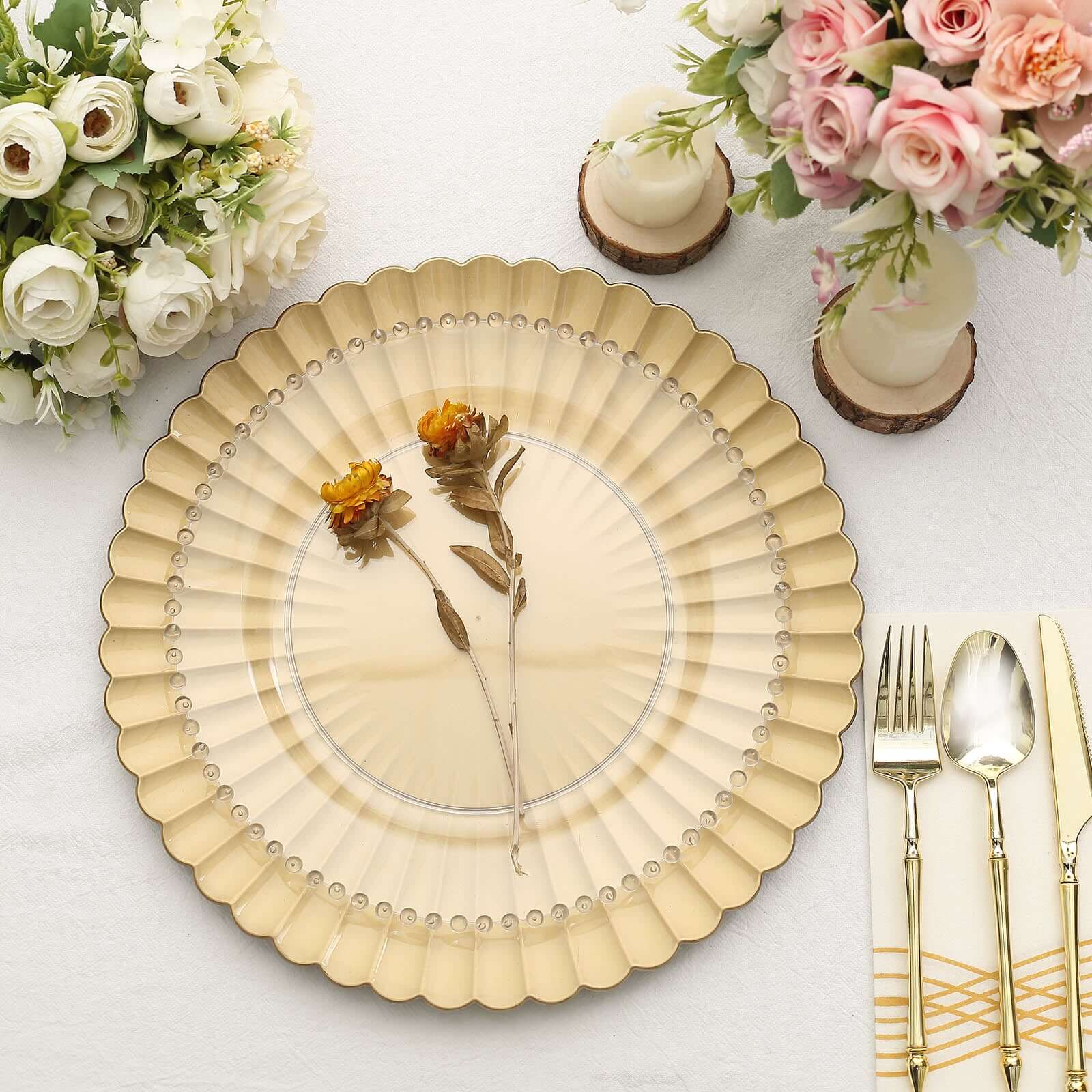 6 Pack 13" Gold Scalloped Shell Pattern Plastic Charger Plates, Round Disposable Serving Trays Pro Linens