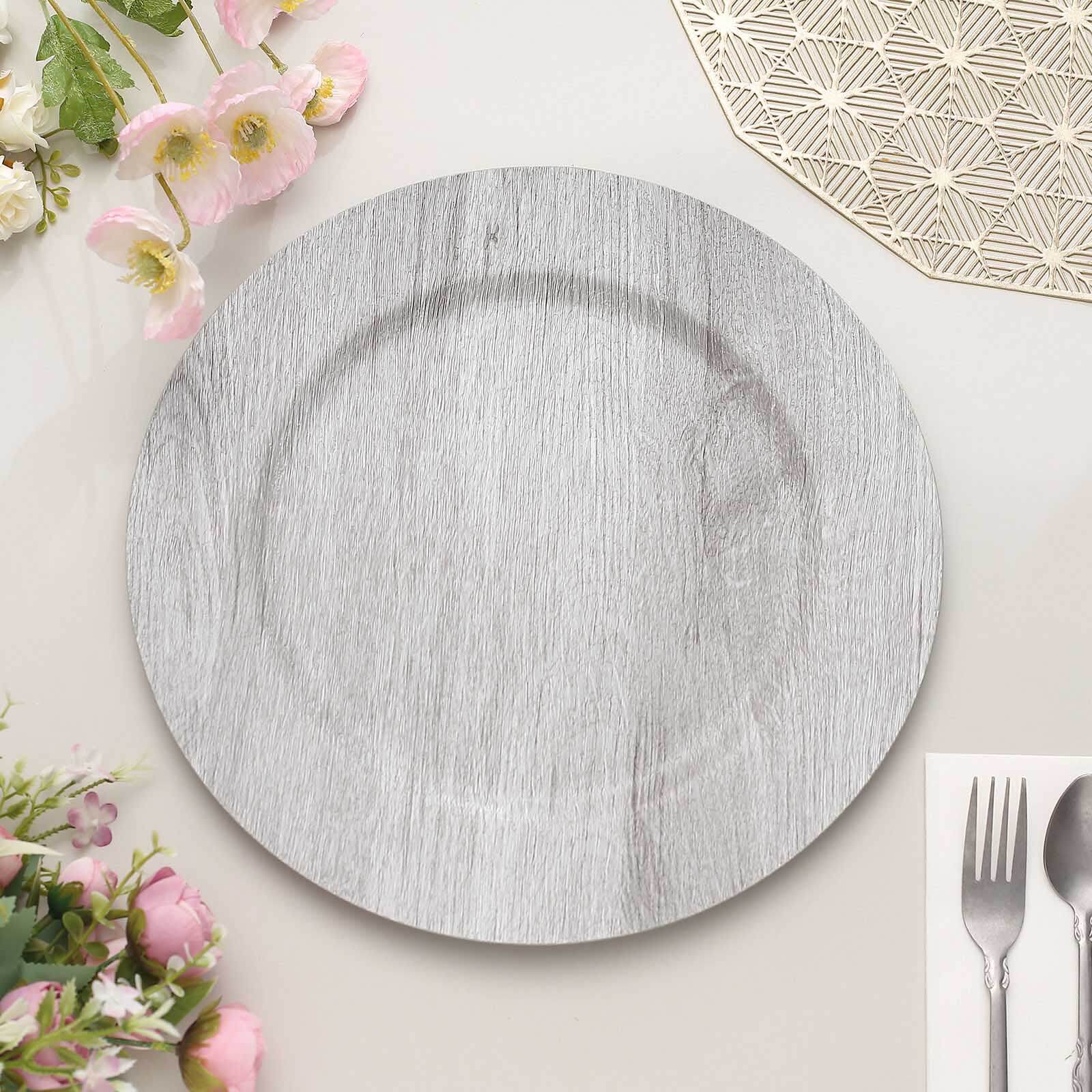 6 Pack 13" Gray Rustic Faux Wood Plastic Charger Plates, Round Boho Chic Wedding Party Service Plates Pro Linens