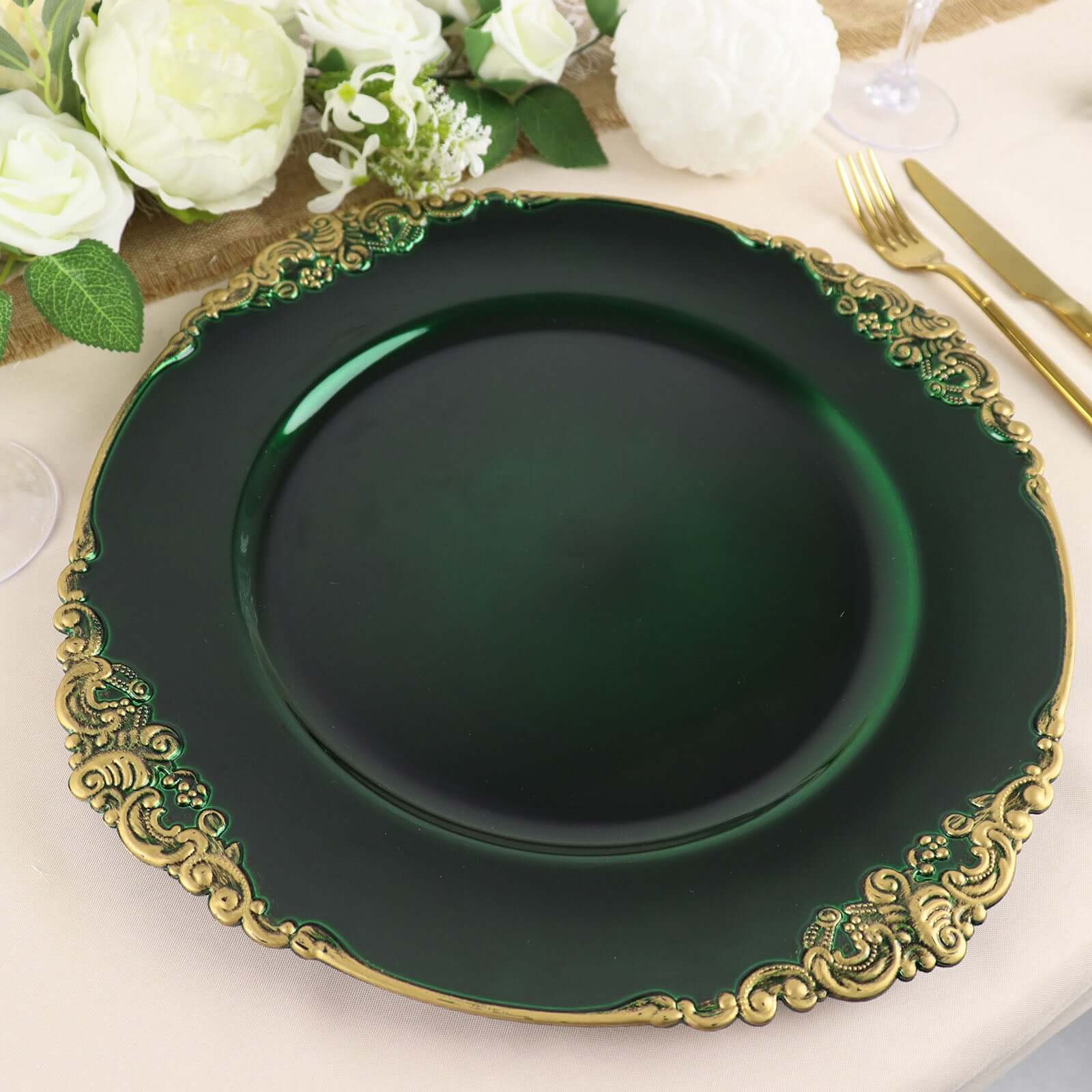 6 Pack 13" Hunter Emerald Green Gold Embossed Baroque Round Charger Plates With Antique Design Rim Pro Linens