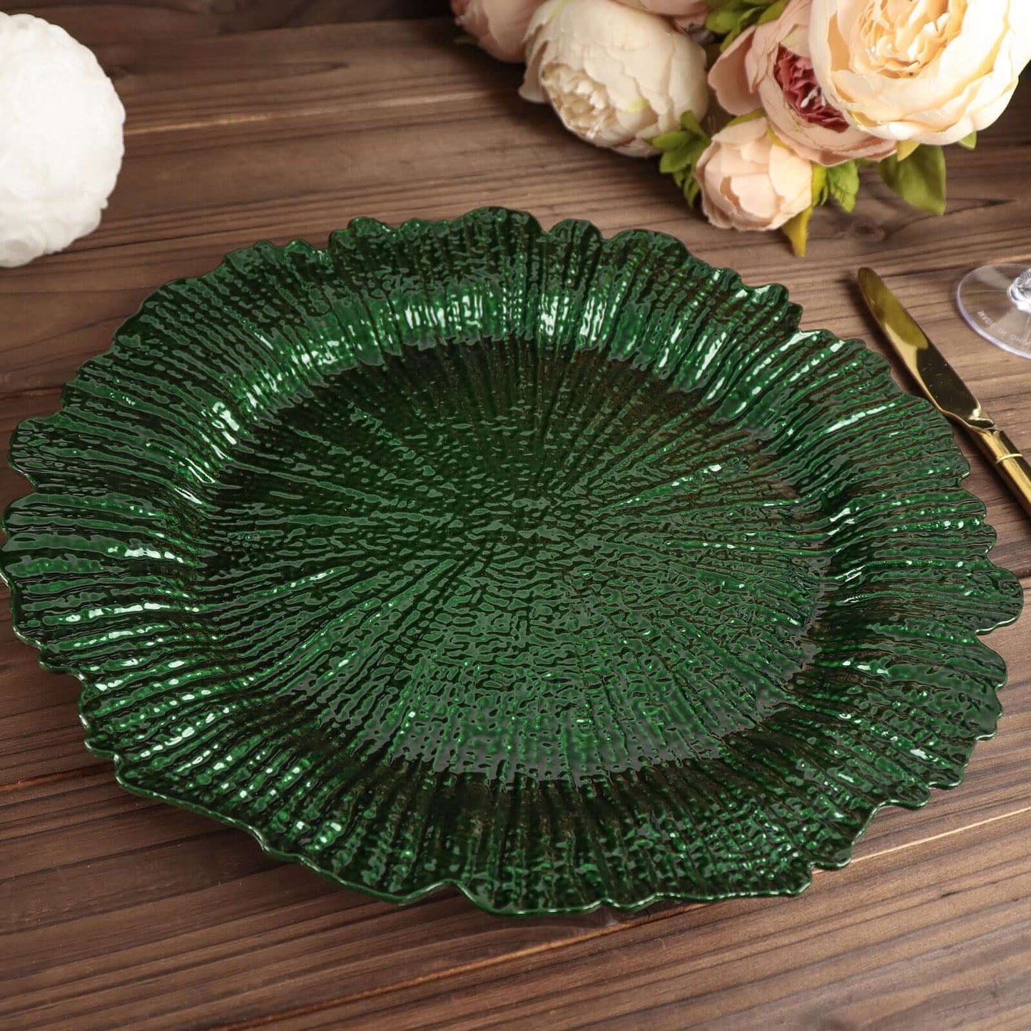 6 Pack 13" Hunter Emerald Green Round Reef Acrylic Plastic Charger Plates, Dinner Charger Plates Pro Linens