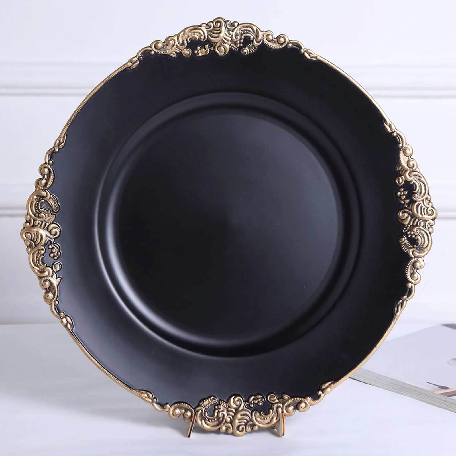 6 Pack 13" Matte Black Gold Embossed Baroque Round Charger Plates With Antique Design Rim Pro Linens