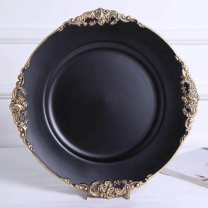 6 Pack 13" Matte Black Gold Embossed Baroque Round Charger Plates With Antique Design Rim Pro Linens