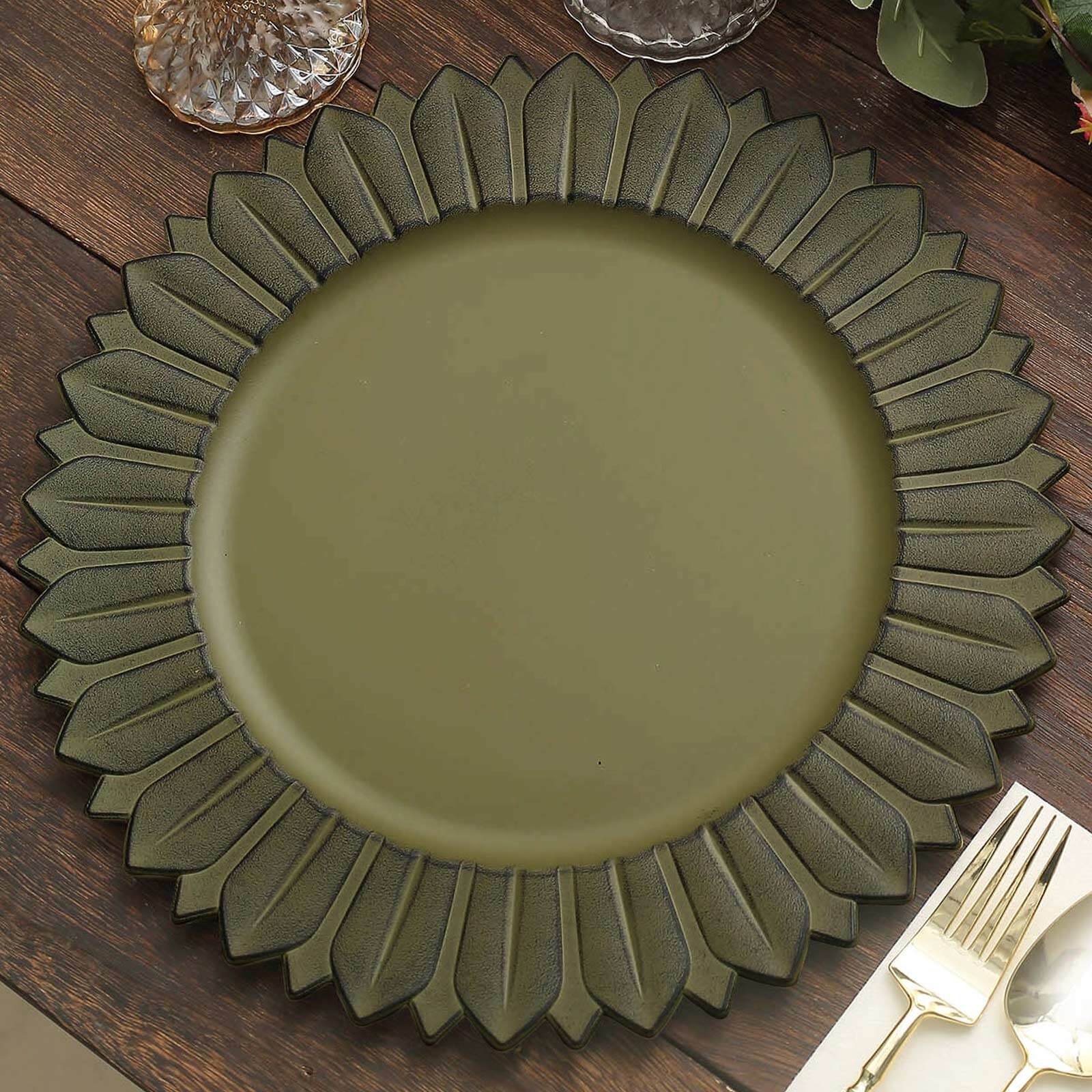 6 Pack 13" Matte Olive Green Sunflower Disposable Charger Plates, Plastic Round Dinner Serving Trays Pro Linens