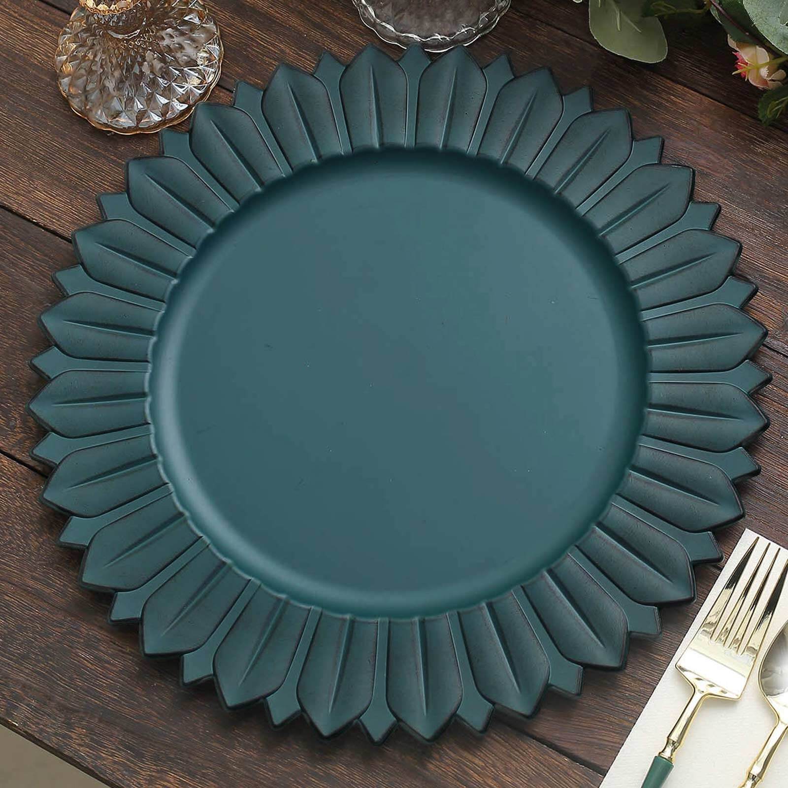 6 Pack 13" Matte Teal Sunflower Disposable Charger Plates, Plastic Round Dinner Serving Trays Pro Linens