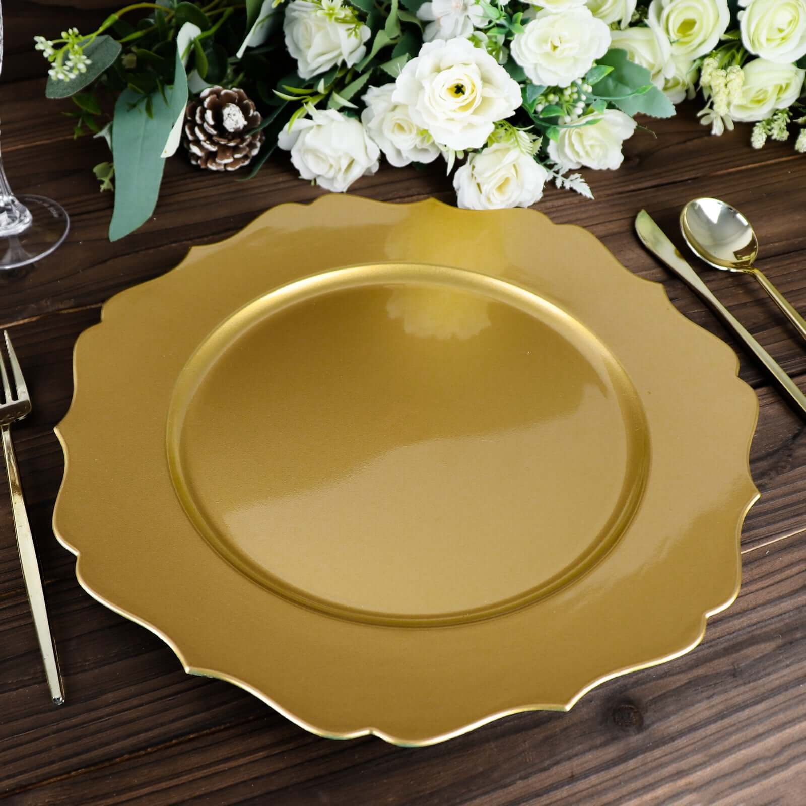 6 Pack 13" Metallic Gold Acrylic Charger Plates Scalloped Rim, Gold Plastic Charger Plates Pro Linens