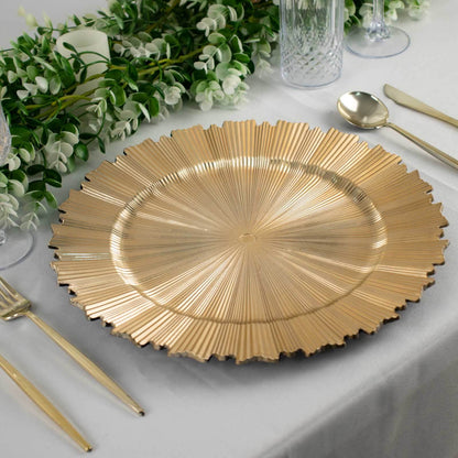 6 Pack 13" Metallic Gold Sunray Acrylic Plastic Charger Plates, Round Scalloped Rim Disposable Serving Trays Pro Linens