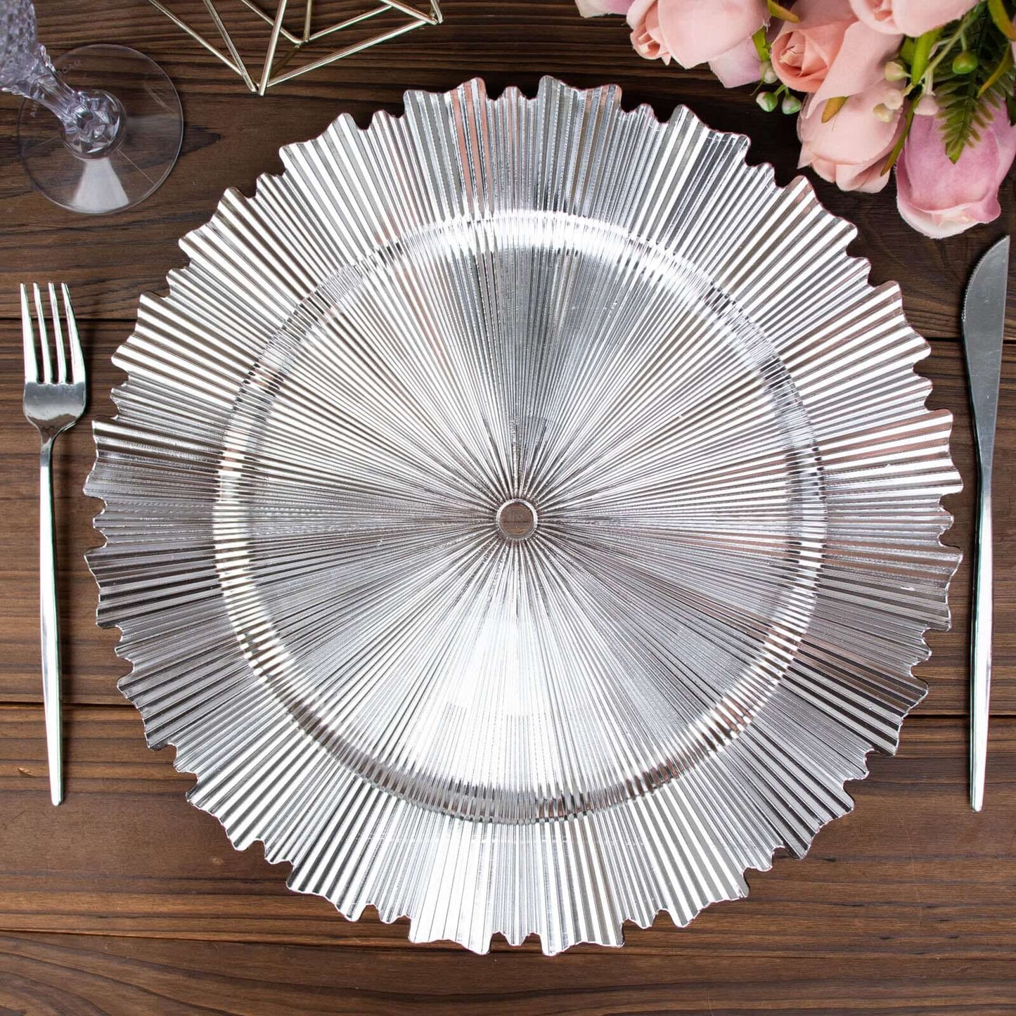 6 Pack 13" Metallic Silver Sunray Acrylic Plastic Charger Plates, Round Scalloped Rim Disposable Serving Trays Pro Linens