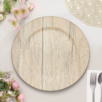 6 Pack 13" Natural Rustic Faux Wood Plastic Charger Plates, Round Boho Chic Wedding Party Service Plates Pro Linens