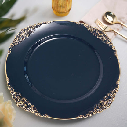 6 Pack 13" Navy Blue Gold Embossed Baroque Round Charger Plates With Antique Design Rim Pro Linens