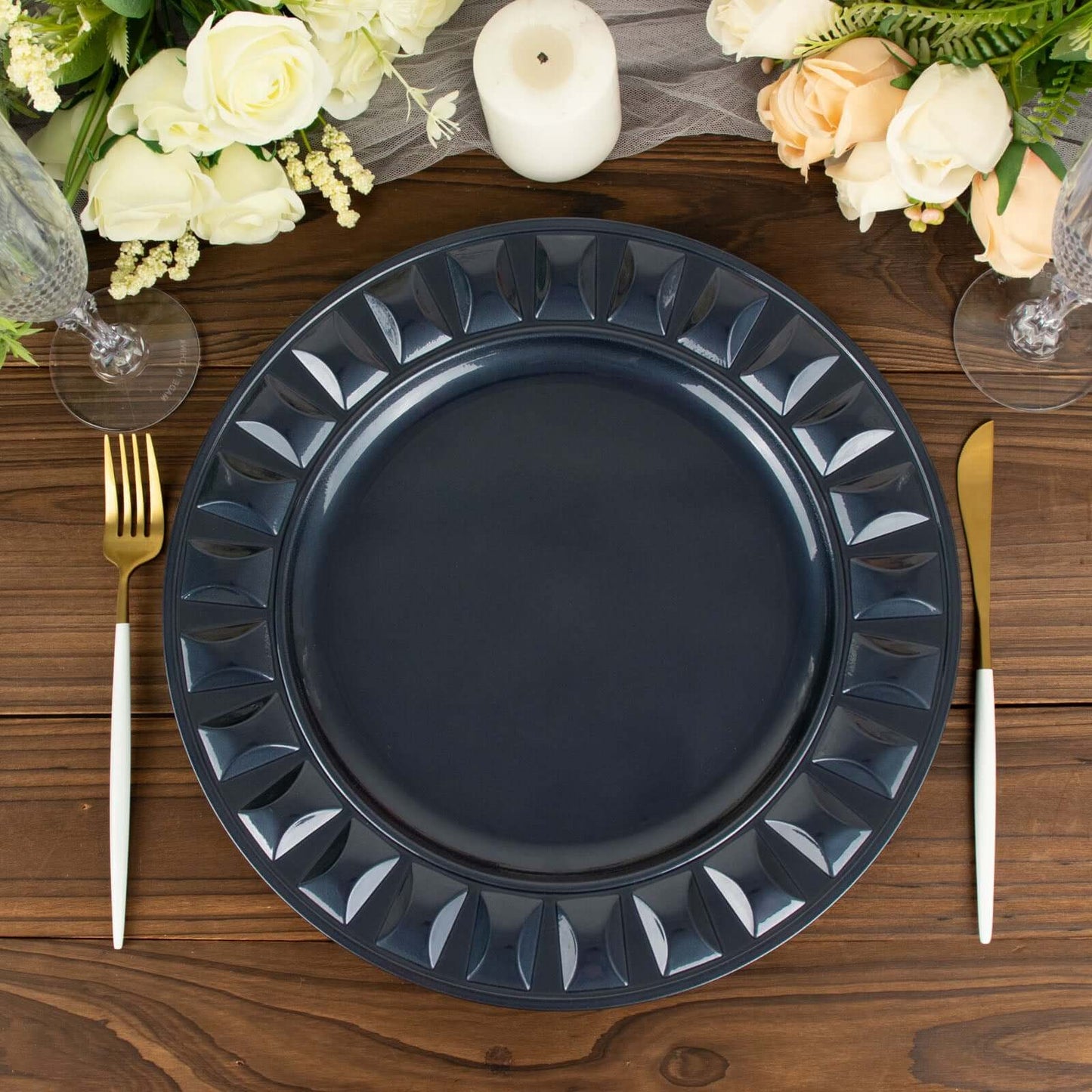 6 Pack 13" Navy Blue Round Bejeweled Rim Plastic Dinner Charger Plates, Disposable Serving Trays Pro Linens