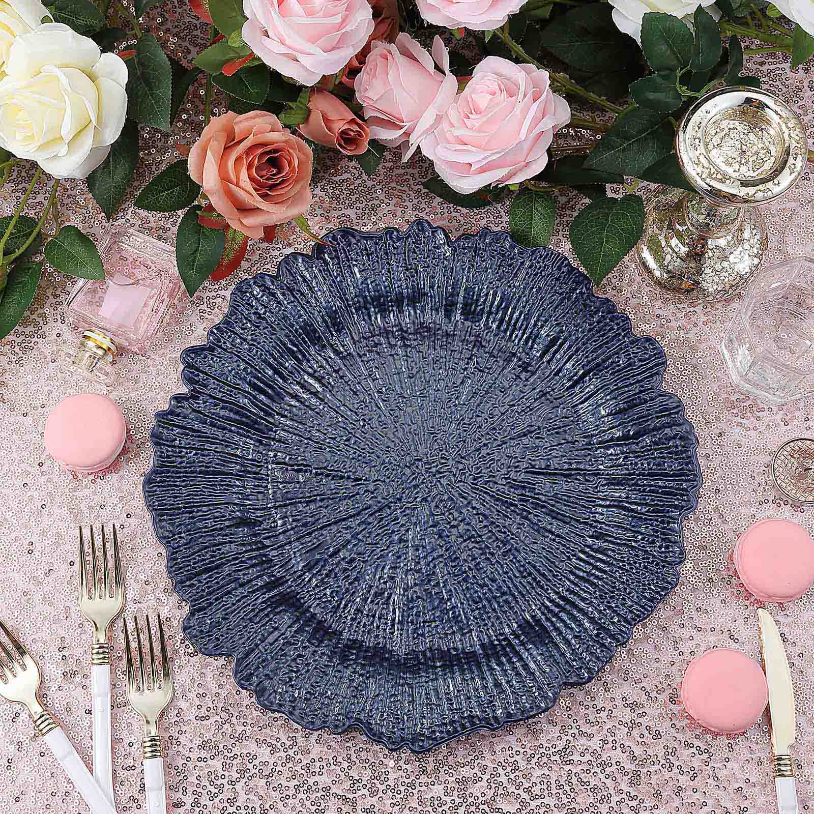 6 Pack 13" Navy Blue Round Reef Acrylic Plastic Charger Plates, Dinner Charger Plates Pro Linens