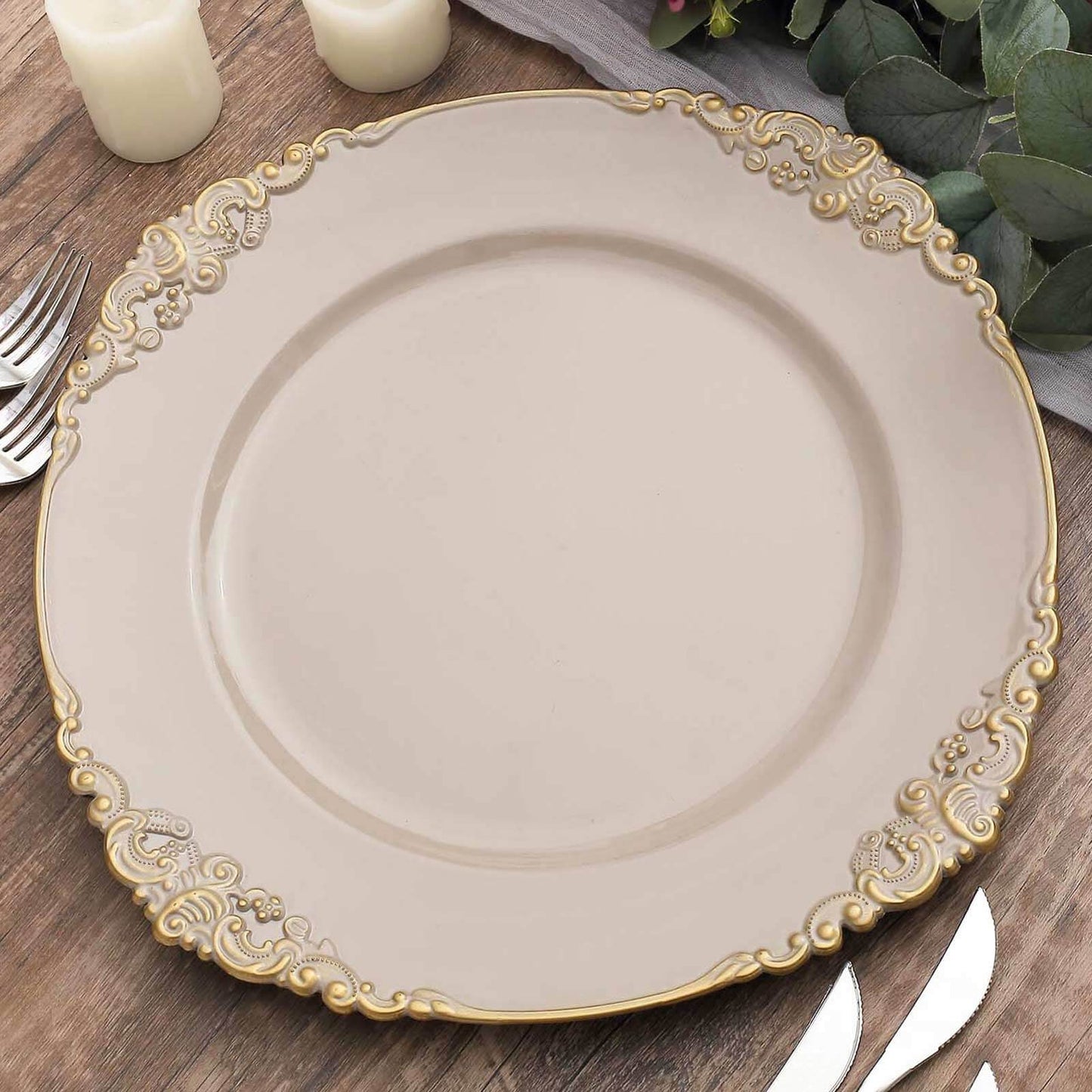 6 Pack 13" Nude Taupe Gold Embossed Baroque Round Charger Plates With Antique Design Rim Pro Linens