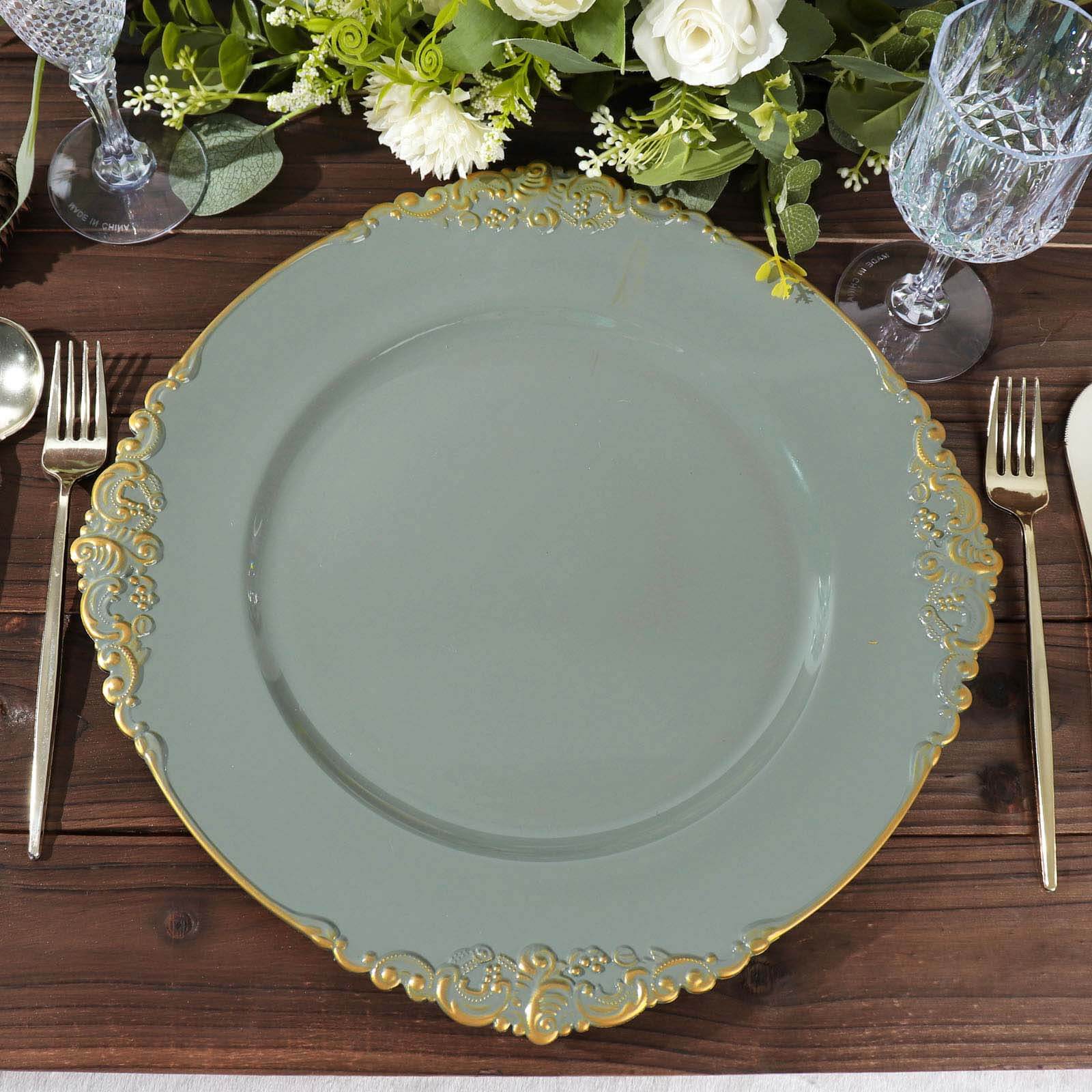 6 Pack 13" Olive Green Gold Embossed Baroque Round Charger Plates With Antique Design Rim Pro Linens