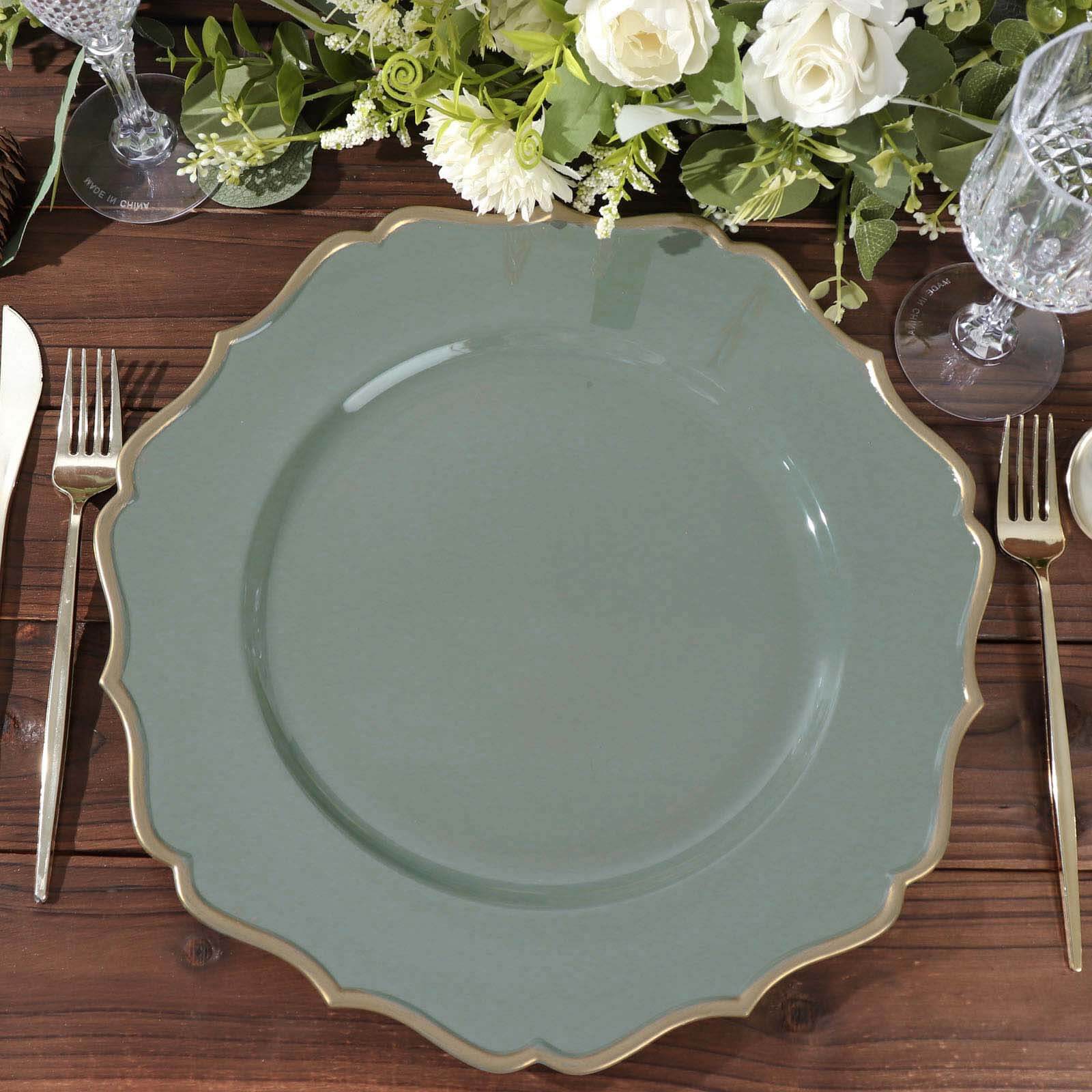 6 Pack 13" Olive Green Gold Scalloped Rim Acrylic Charger Plates, Round Plastic Charger Plates Pro Linens