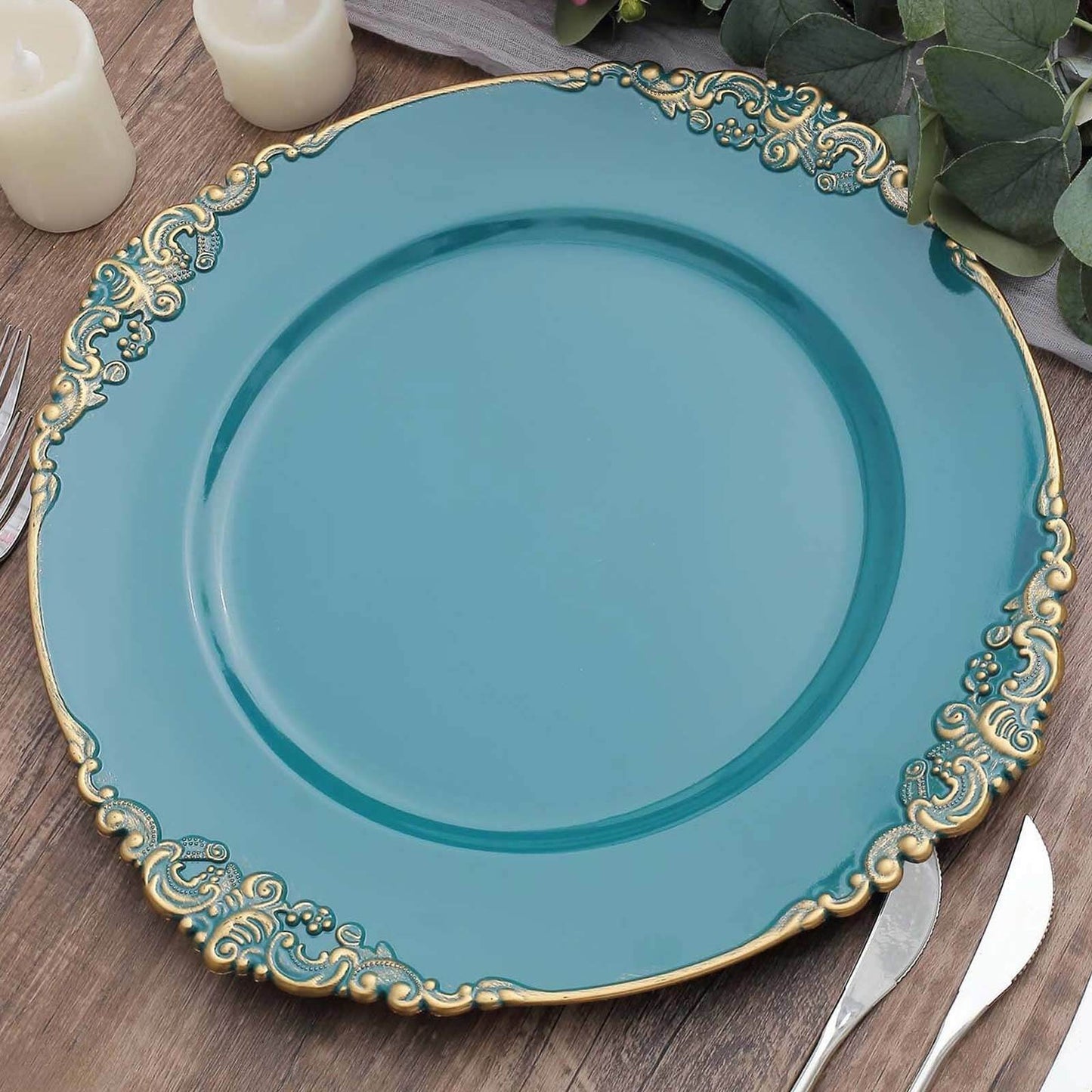 6 Pack 13" Peacock Teal Gold Embossed Baroque Round Charger Plates With Antique Design Rim Pro Linens