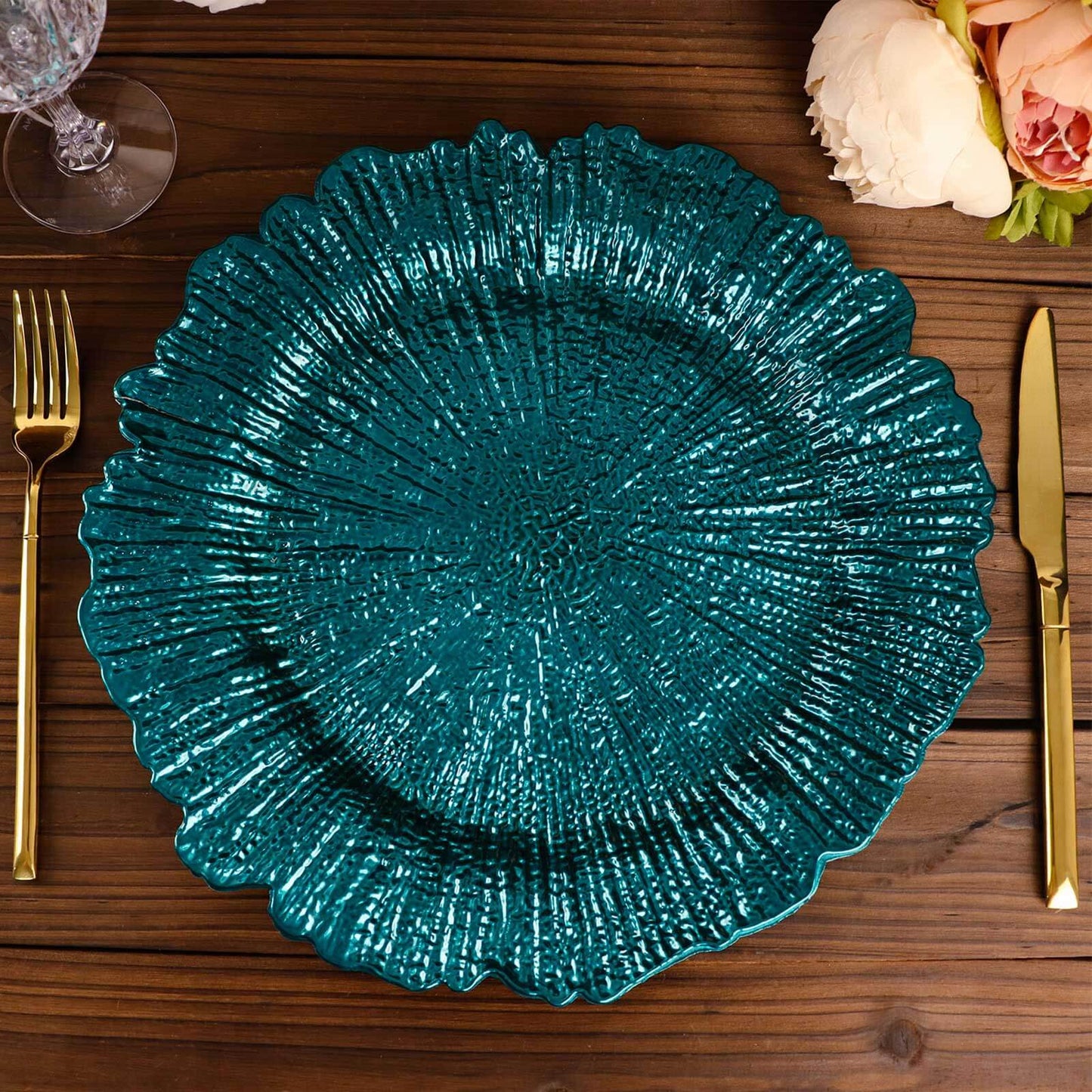 6 Pack 13" Peacock Teal Round Reef Acrylic Plastic Charger Plates, Dinner Charger Plates Pro Linens