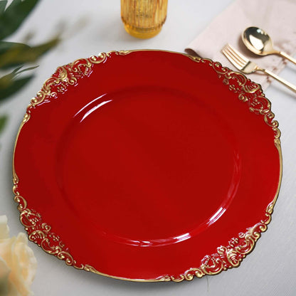 6 Pack 13" Red Gold Embossed Baroque Round Charger Plates With Antique Design Rim Pro Linens