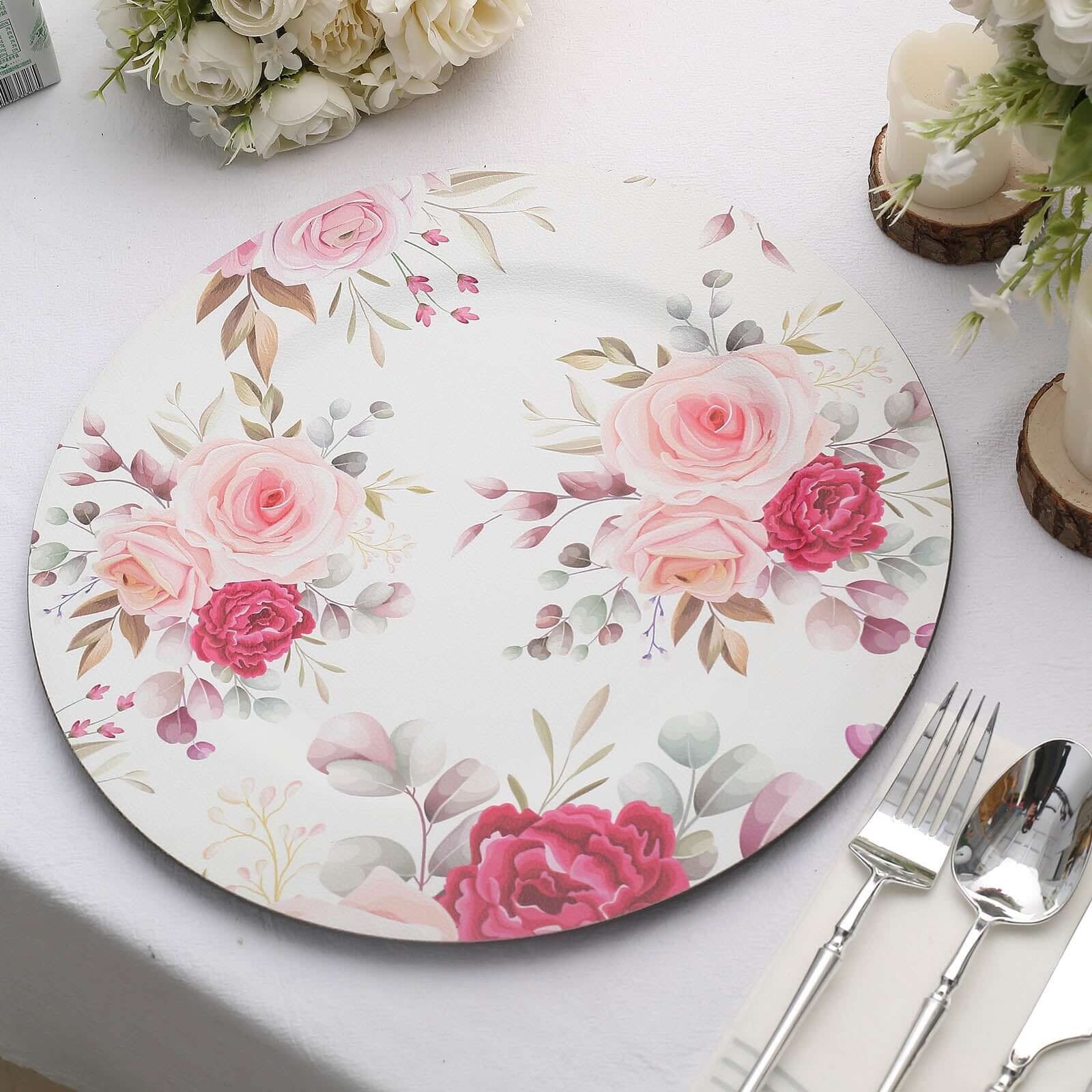 6 Pack 13" Rose Flower Design Plastic Charger Plates, Disposable Spring Floral Print Serving Trays Pro Linens