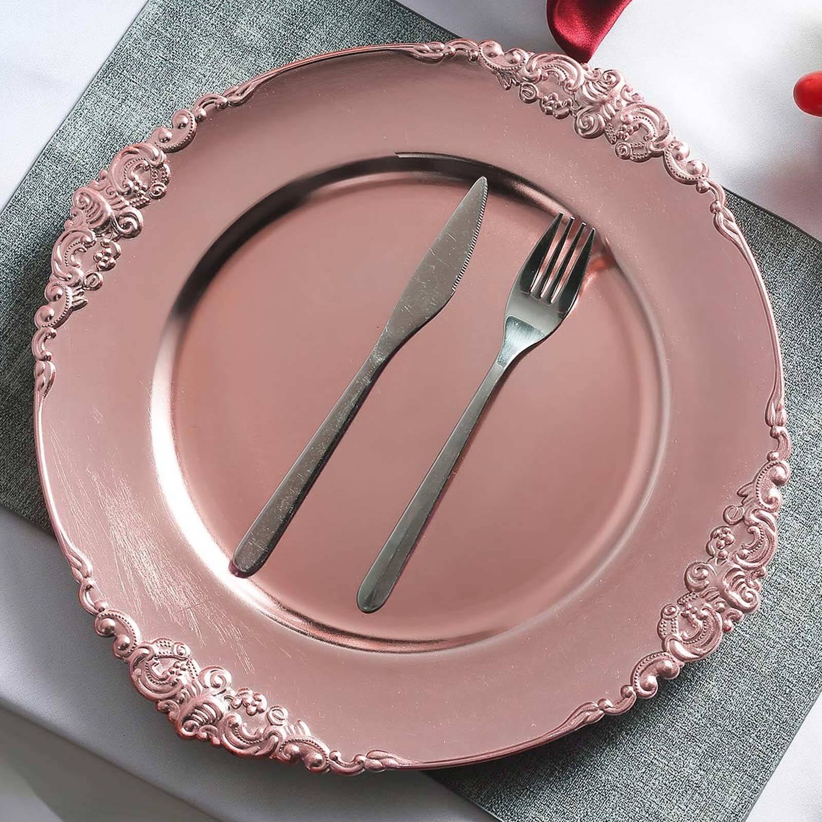 6 Pack 13" Rose Gold Embossed Baroque Round Charger Plates With Antique Design Rim Pro Linens