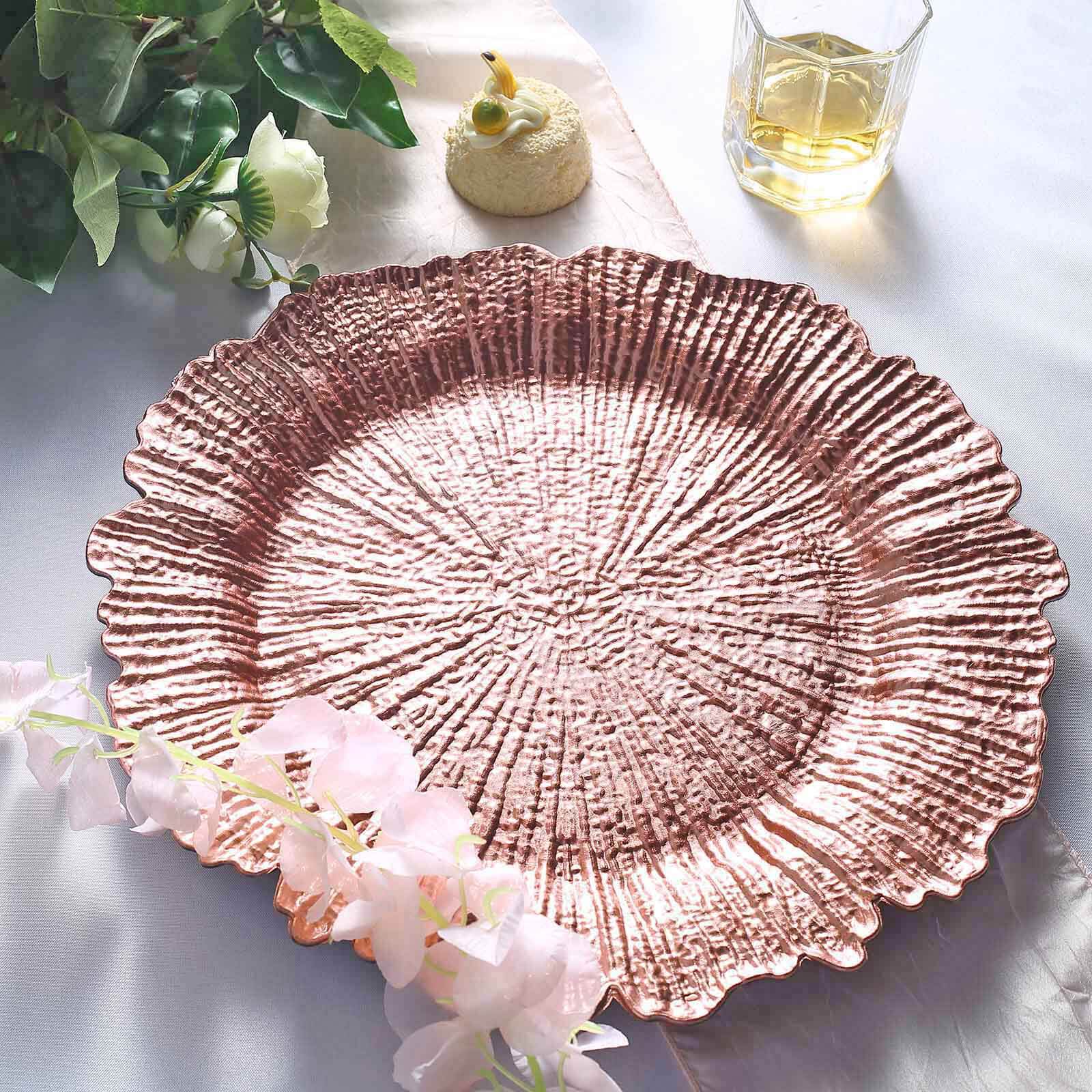 6 Pack 13" Rose Gold Round Reef Acrylic Plastic Charger Plates, Dinner Charger Plates Pro Linens