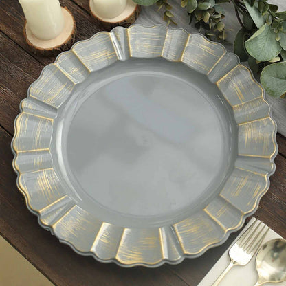 6 Pack 13" Round Charcoal Gray Acrylic Plastic Charger Plates With Gold Brushed Wavy Scalloped Rim Pro Linens