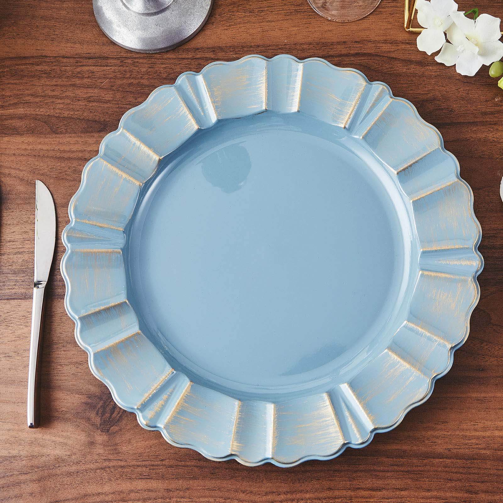 6 Pack 13" Round Dusty Blue Acrylic Plastic Charger Plates With Gold Brushed Wavy Scalloped Rim Pro Linens