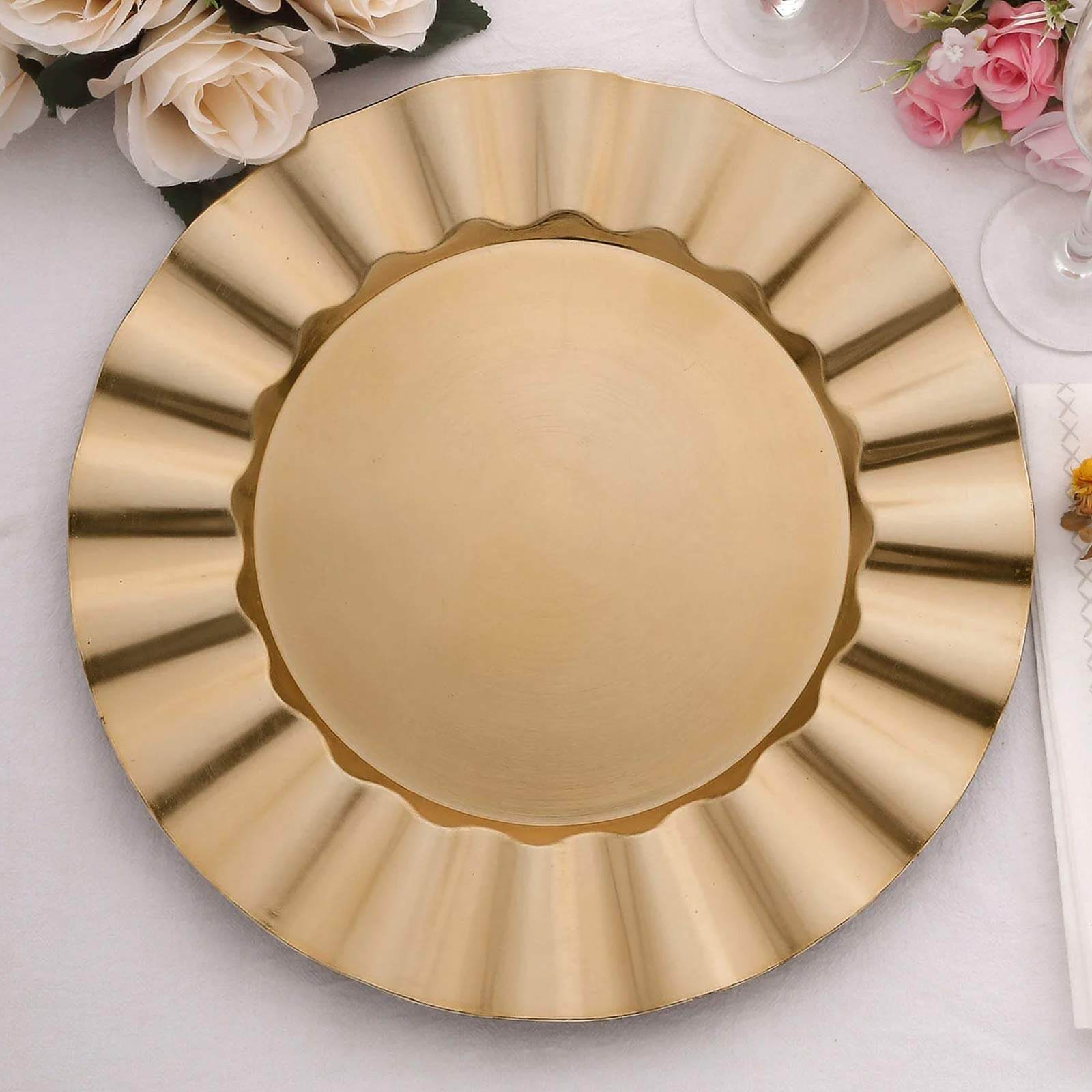 6 Pack 13" Round Gold Acrylic Plastic Dinner Plate Chargers With Wavy Scalloped Rim Pro Linens