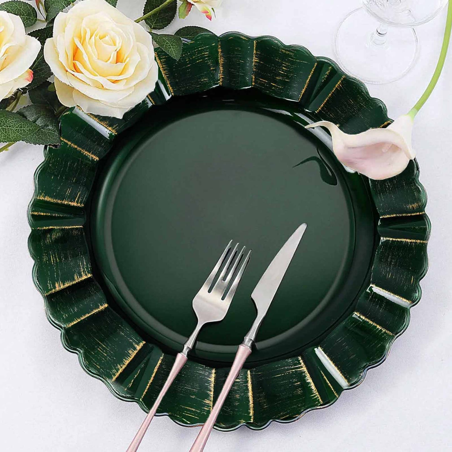 6 Pack 13" Round Hunter Emerald Green Acrylic Plastic Charger Plates With Gold Brushed Wavy Scalloped Rim Pro Linens