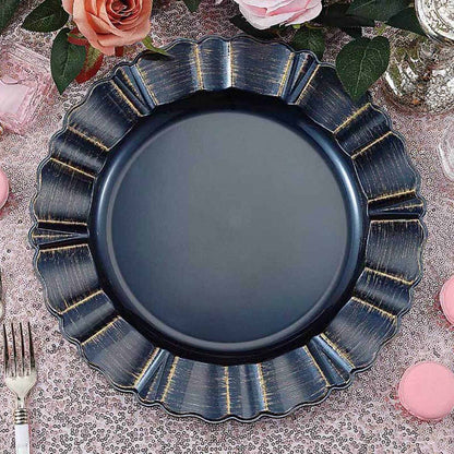 6 Pack 13" Round Navy Blue Acrylic Plastic Charger Plates With Gold Brushed Wavy Scalloped Rim Pro Linens