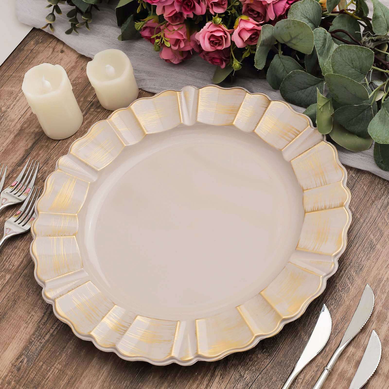 6 Pack 13" Round Nude Taupe Acrylic Plastic Charger Plates With Gold Brushed Wavy Scalloped Rim Pro Linens