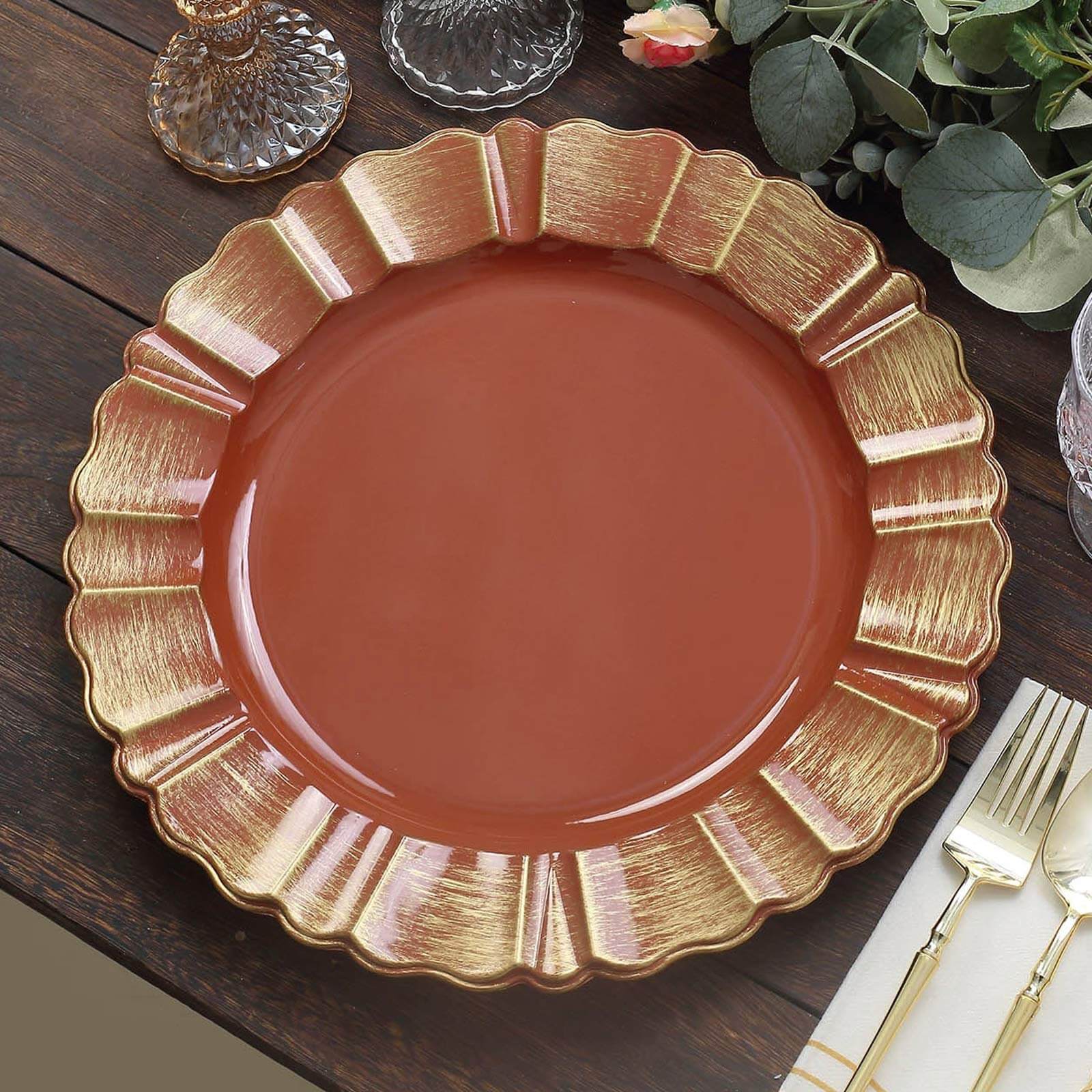 6 Pack 13" Round Terracotta (Rust) Acrylic Plastic Charger Plates With Gold Brushed Wavy Scalloped Rim Pro Linens