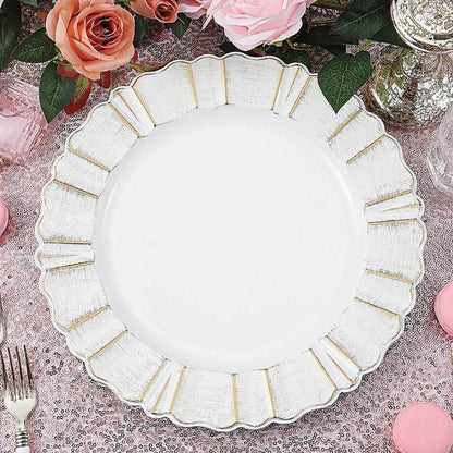 6 Pack 13" Round White Acrylic Plastic Charger Plates With Gold Brushed Wavy Scalloped Rim Pro Linens