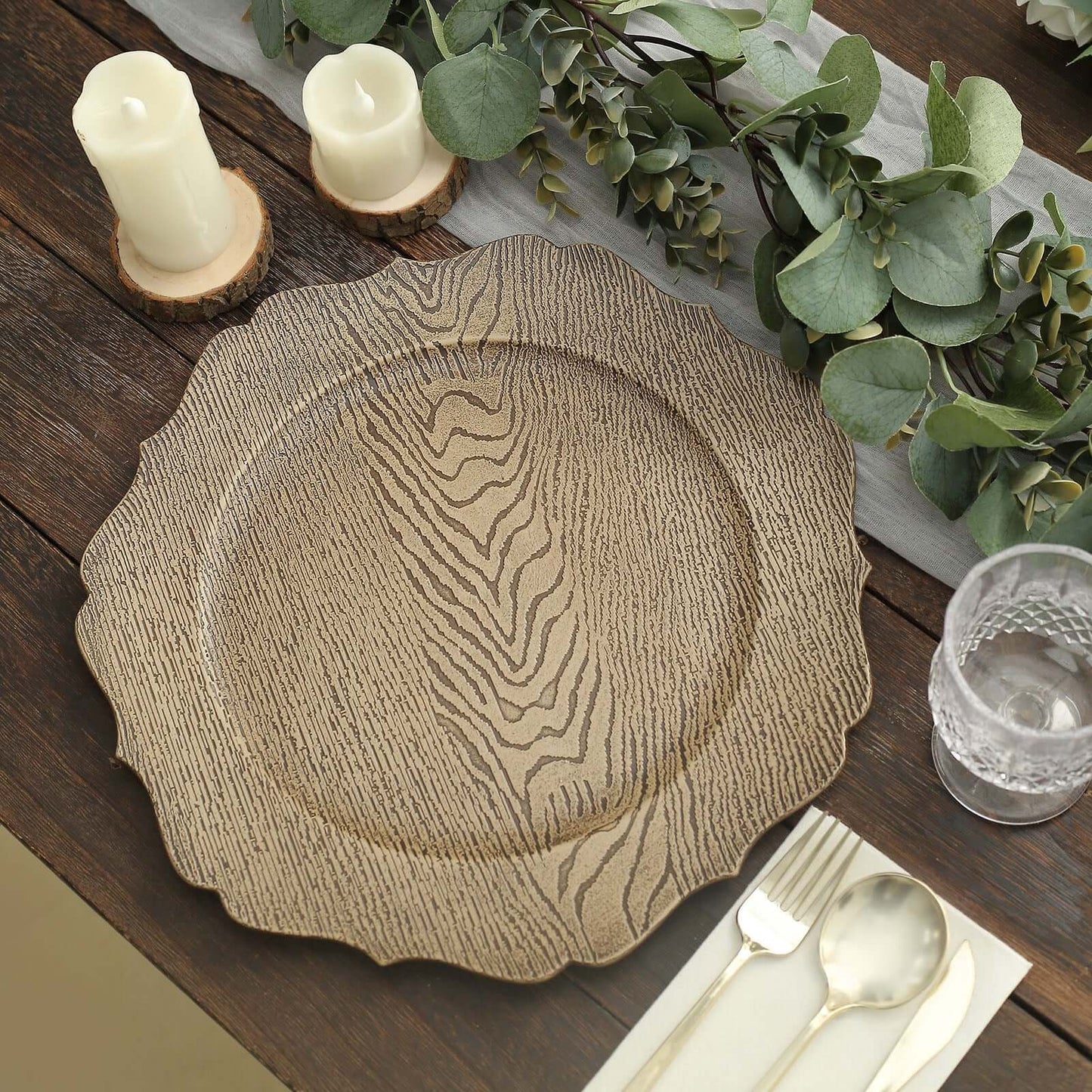 6 Pack 13" Rustic Natural Embossed Wood Grain Acrylic Charger Plates with Scalloped Rim Pro Linens