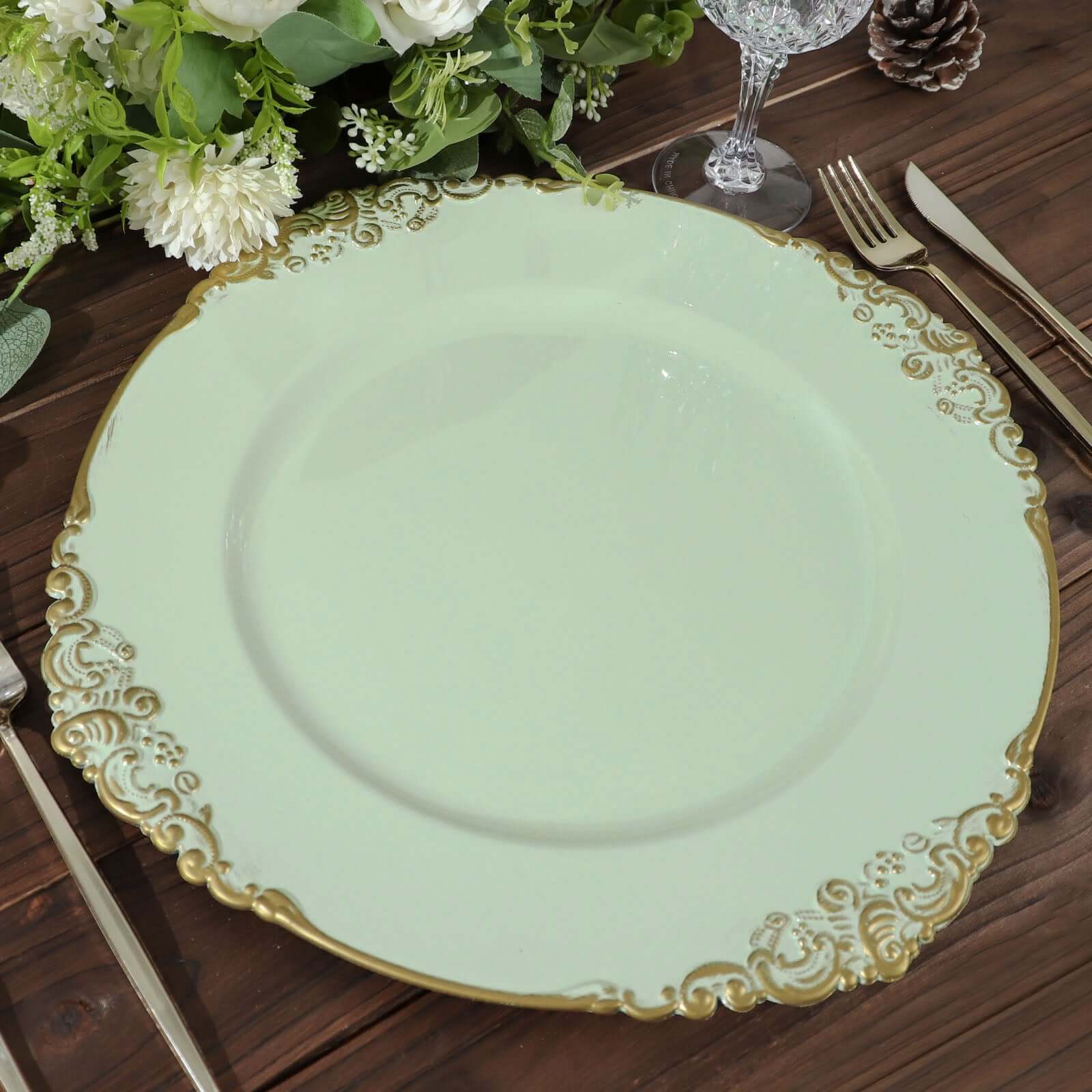 6 Pack 13" Sage Green Gold Embossed Baroque Round Charger Plates With Antique Design Rim Pro Linens