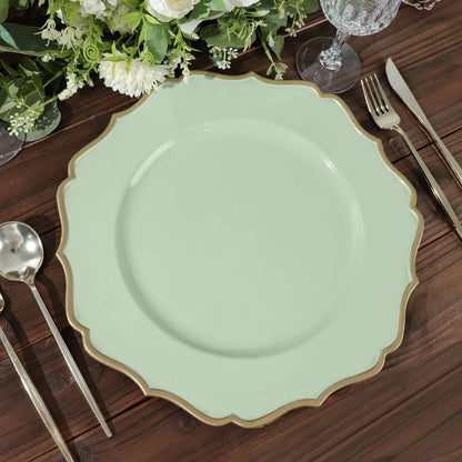 6 Pack 13" Sage Green Gold Scalloped Rim Acrylic Charger Plates, Round Plastic Charger Plates Pro Linens