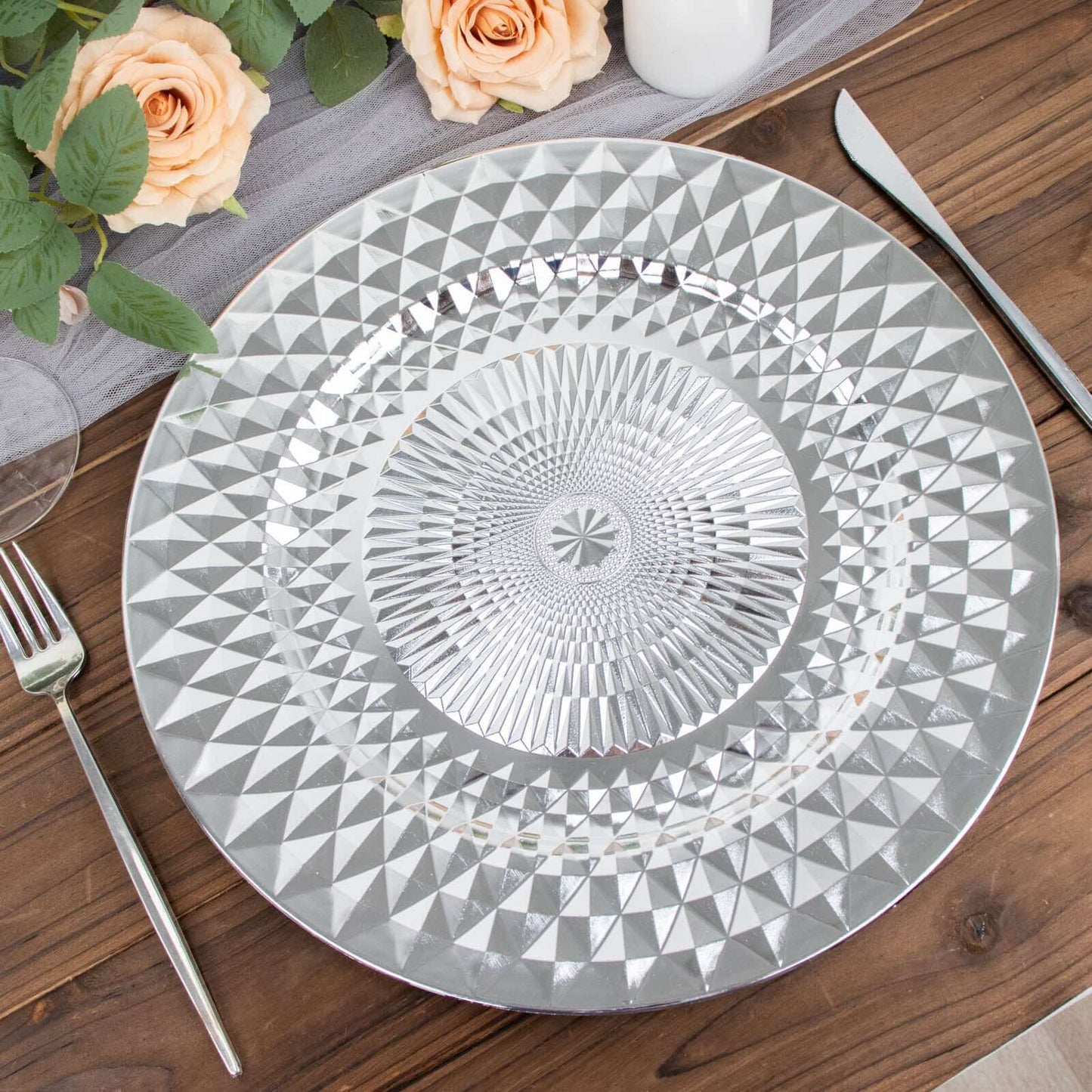 6 Pack 13" Shiny Silver Diamond Pattern Plastic Charger Plates, Sparkling Round Disposable Dinner Serving Plates Pro Linens