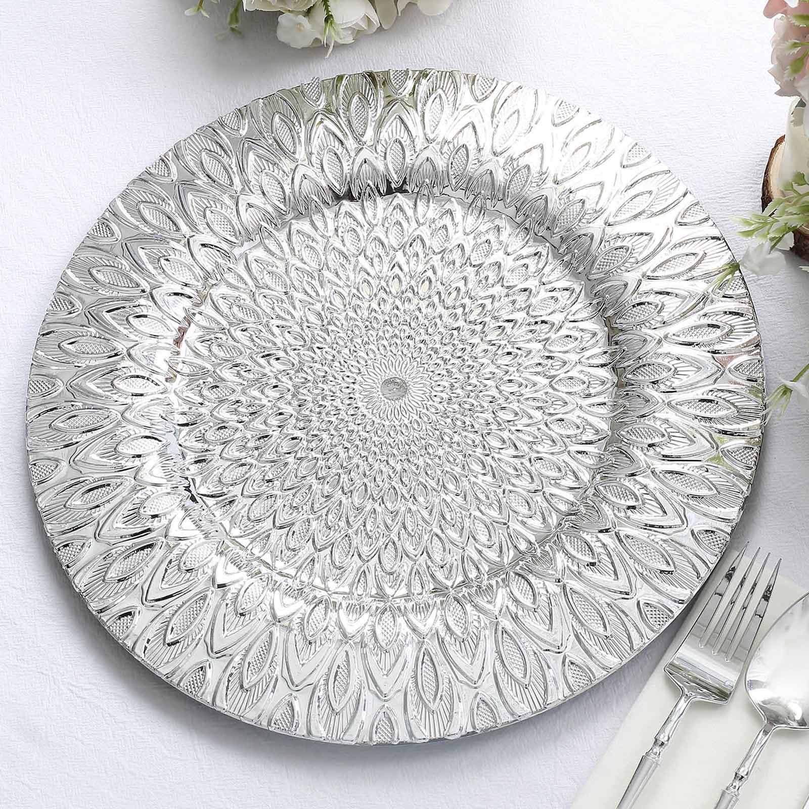 6 Pack 13" Silver Embossed Peacock Design Disposable Charger Plates, Round Plastic Serving Plates Pro Linens