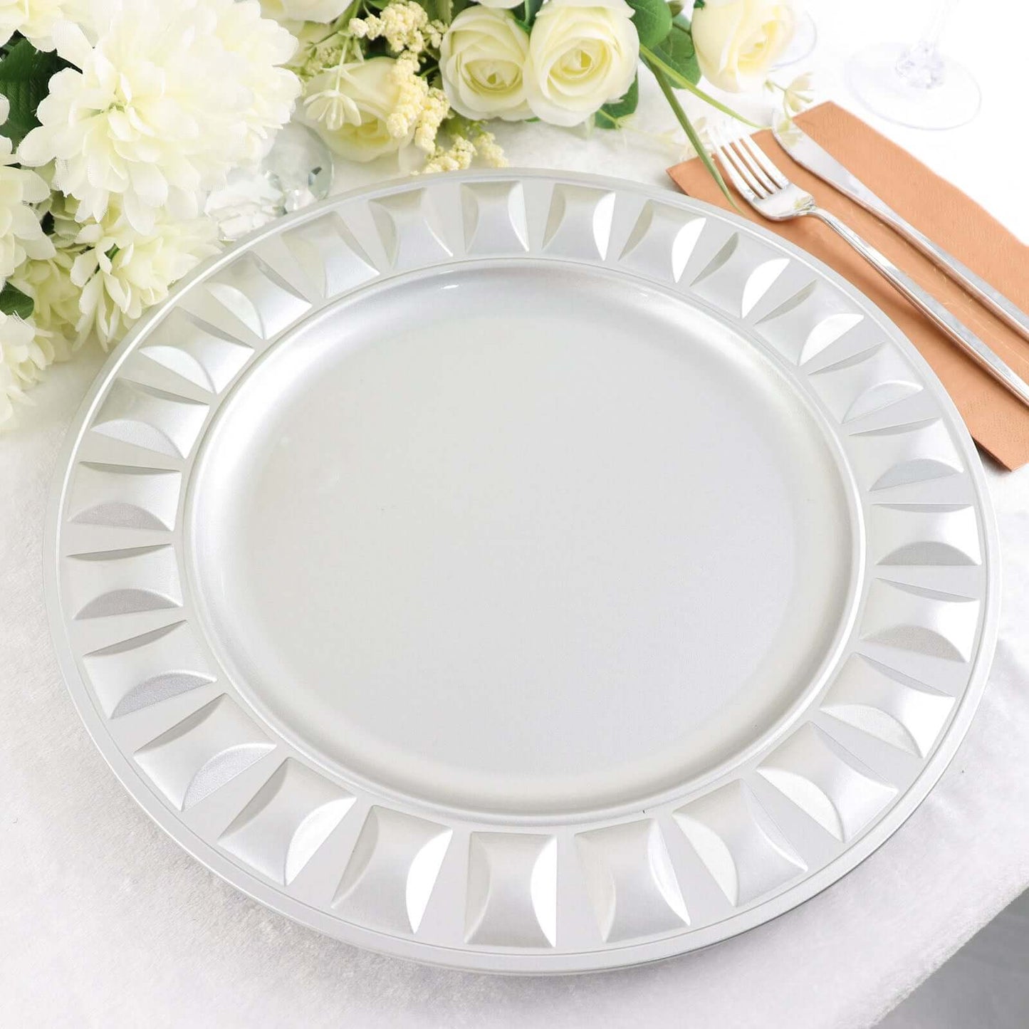 6 Pack 13" Silver Round Bejeweled Rim Plastic Dinner Charger Plates, Disposable Serving Trays Pro Linens