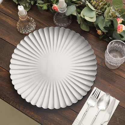 6 Pack 13" Silver Scalloped Shell Pattern Plastic Charger Plates, Round Disposable Serving Trays Pro Linens