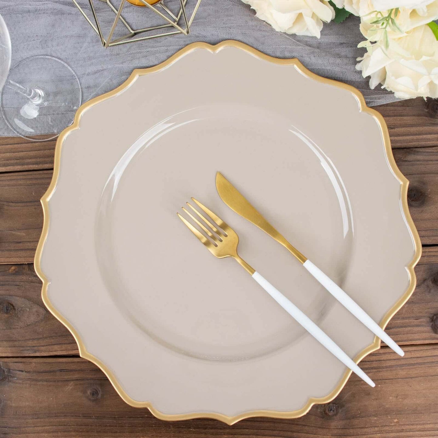 6 Pack 13" Taupe Gold Scalloped Rim Acrylic Charger Plates, Round Plastic Charger Plates Pro Linens