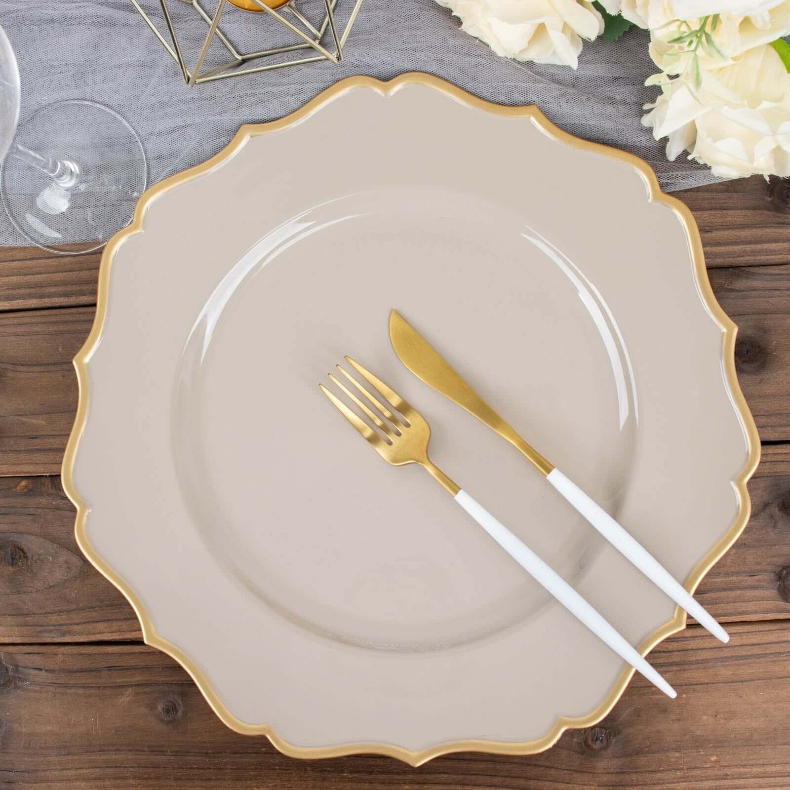 6 Pack 13" Taupe Gold Scalloped Rim Acrylic Charger Plates, Round Plastic Charger Plates Pro Linens