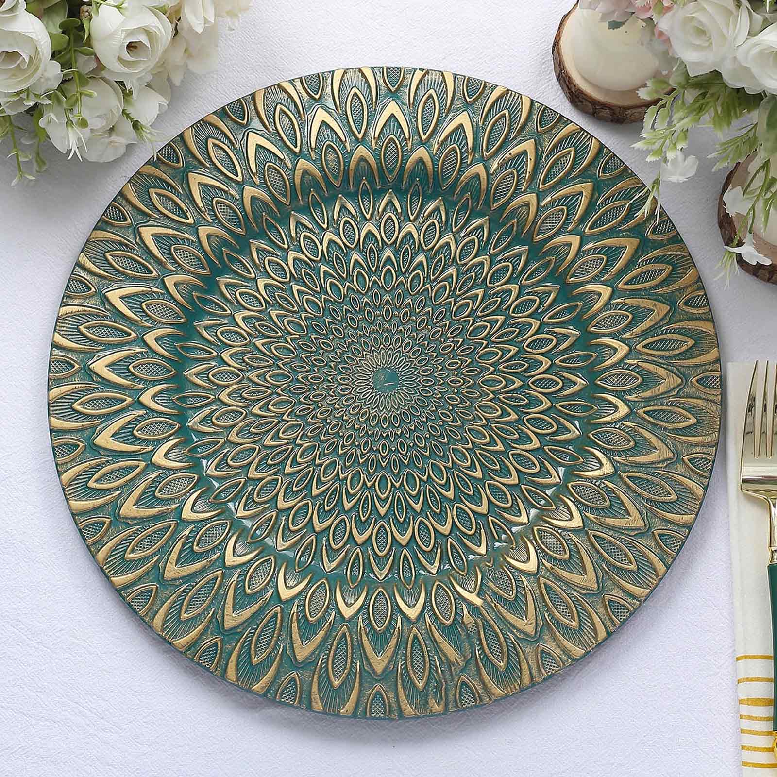 6 Pack 13" Teal Gold Embossed Peacock Design Disposable Charger Plates, Round Plastic Serving Plates Pro Linens