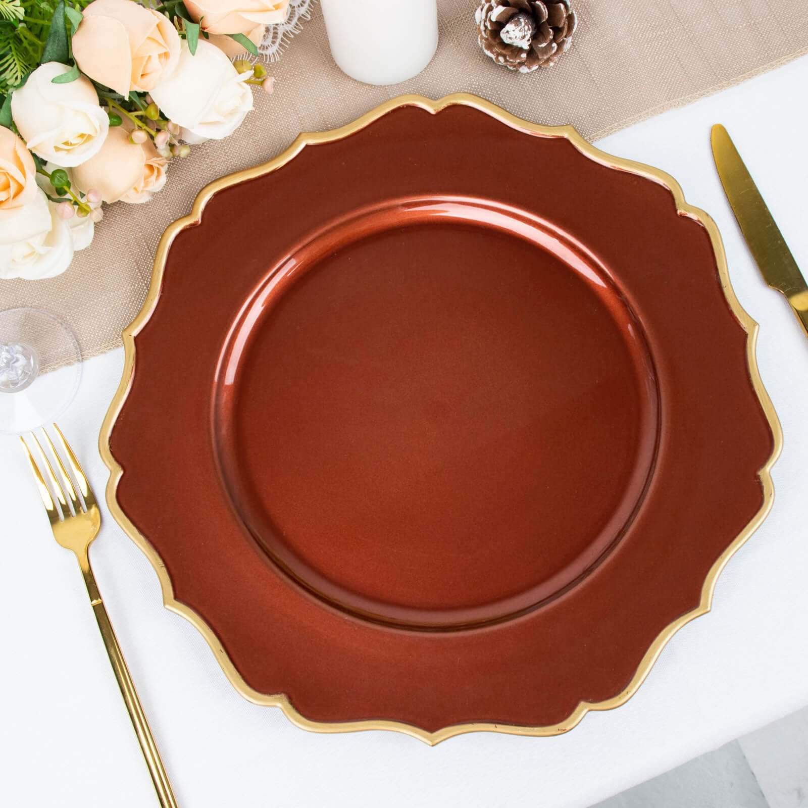 6 Pack 13" Terracotta (Rust) Gold Scalloped Rim Acrylic Charger Plates, Round Plastic Charger Plates Pro Linens